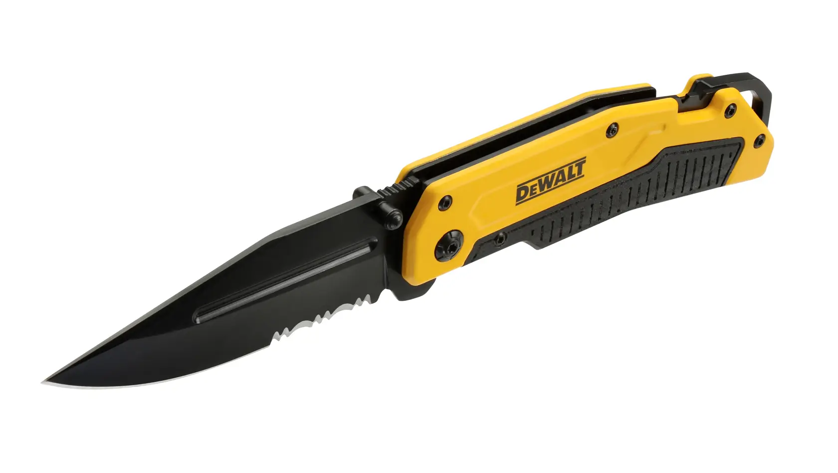 Ein DEWALT Klappmesser mit einer teilweise gezackten schwarzen Klinge und einem gelb-schwarzen Griff, geöffnet auf weißem Hintergrund dargestellt.