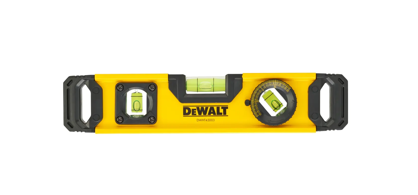 DEWALT DWHT0-43003 gelbe Wasserwaage mit drei Libellen und schwarzen Enden für präzises Ausrichten.