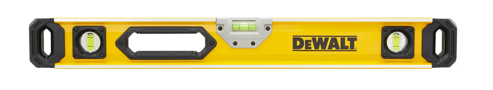 Gelbe DEWALT Wasserwaage mit drei Röhren und Griffen, zum Messen gerader und ebener Flächen.