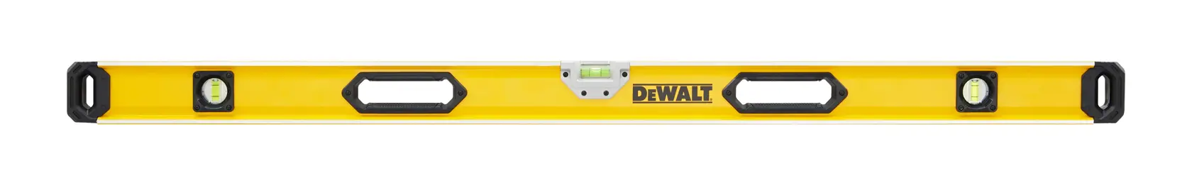 Gelbe DEWALT Wasserwaage mit Griffen und drei Libellen für präzise Ausrichtung.