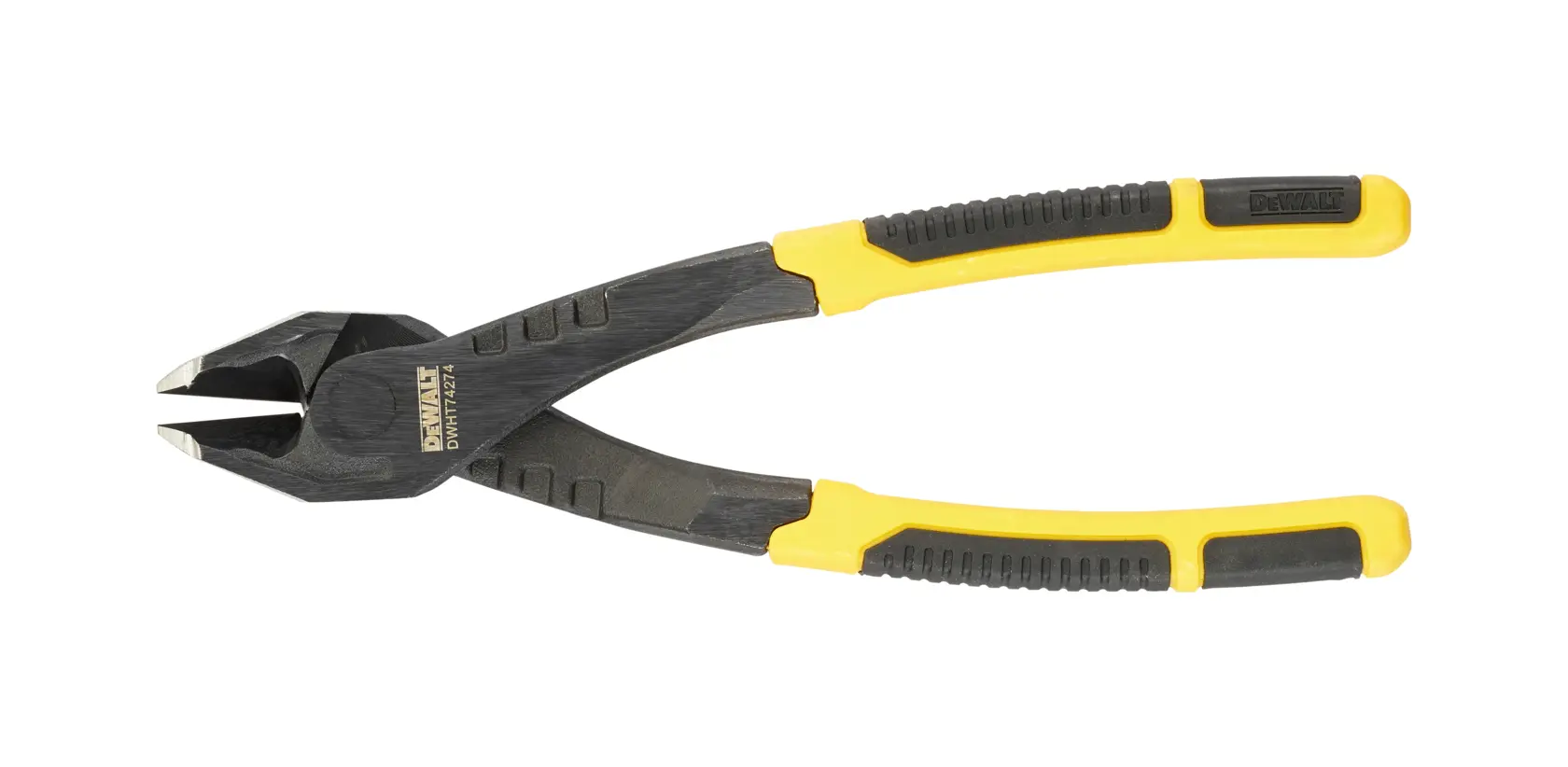 DEWALT Seitenschneider mit gelben und schwarzen Griffen, Werkzeug zum Schneiden von Drähten auf weißem Hintergrund.