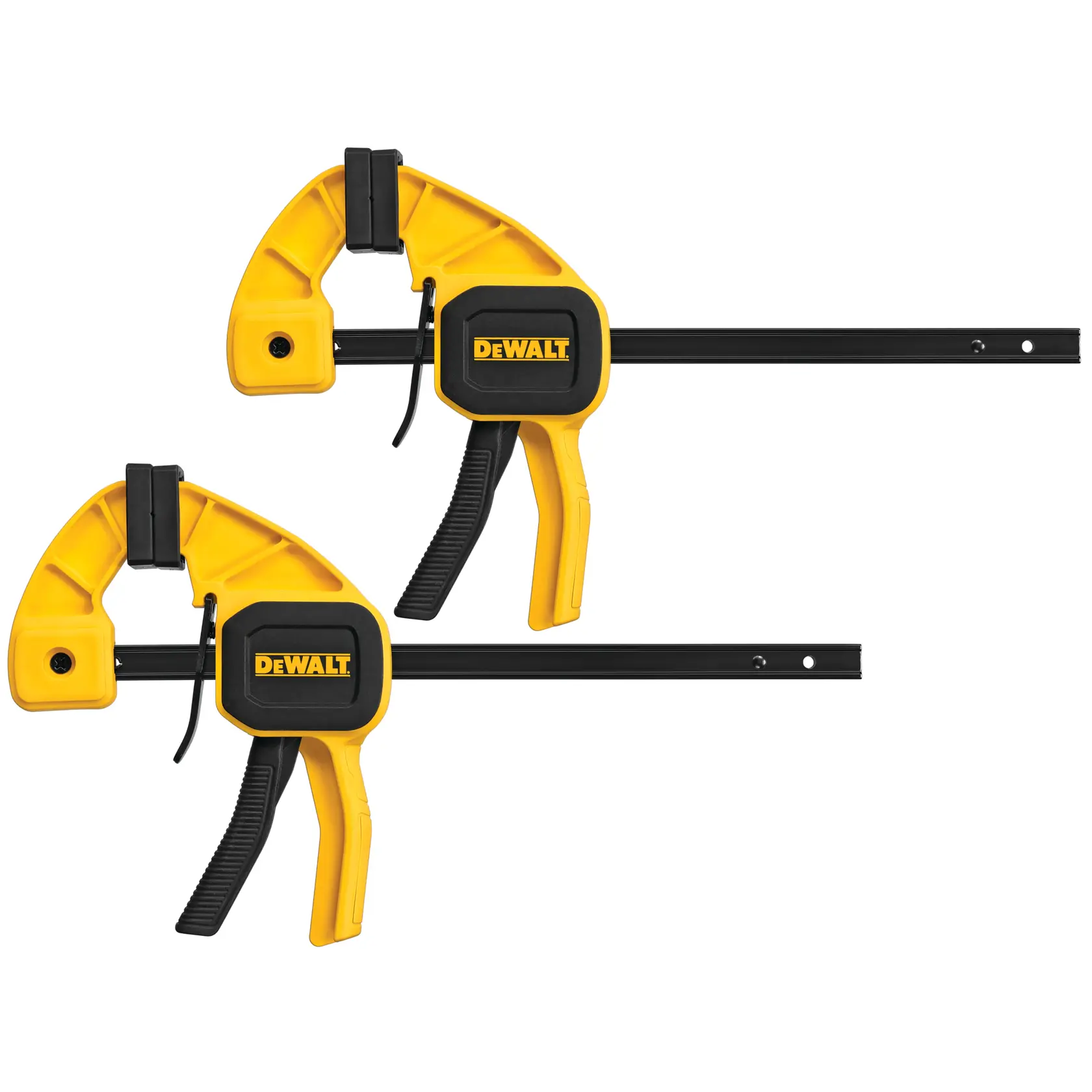 Zwei DEWALT-Auslöseklemmen mit gelb-schwarzem Design, nebeneinander liegend, ausgestattet mit ergonomischen Griffen und schwarzen Metallstangen.