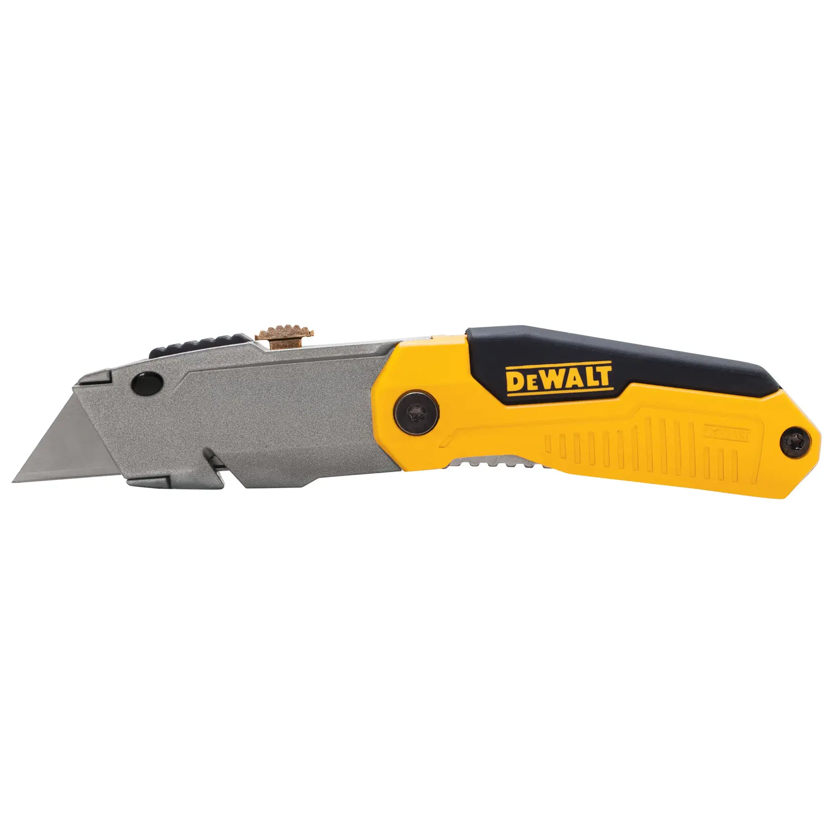 Ein DEWALT Universalmesser mit einziehbarer Klinge und ergonomischem gelb-schwarzem Griff.