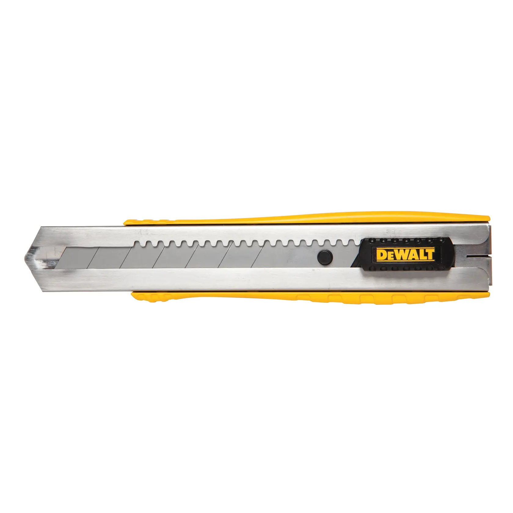 Ein DEWALT ausziehbares Universalmesser mit segmentierter Klinge und gelbem sowie silbernem Griff.