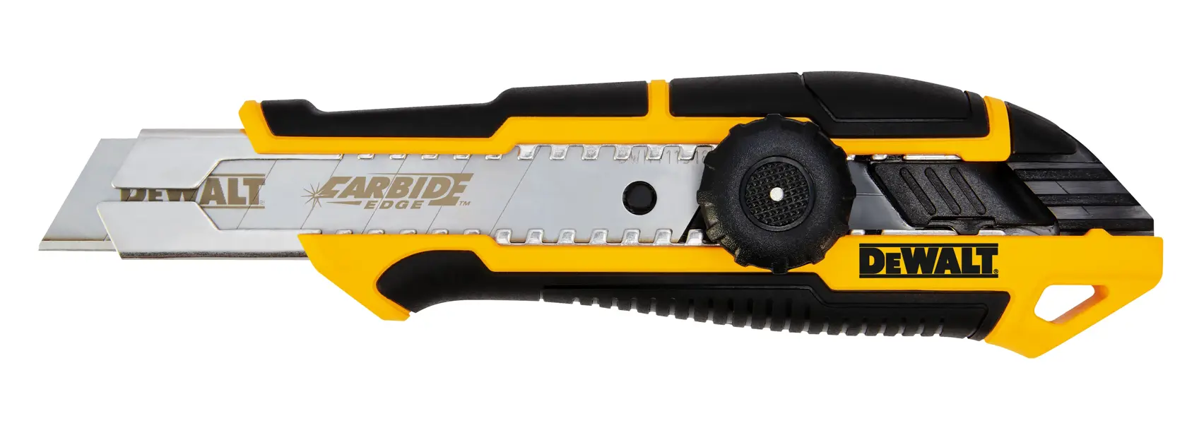 Ein DEWALT-Allzweckmesser mit Carbidklinge, gelb-schwarzem Design und verstellbarem Schiebemechanismus.