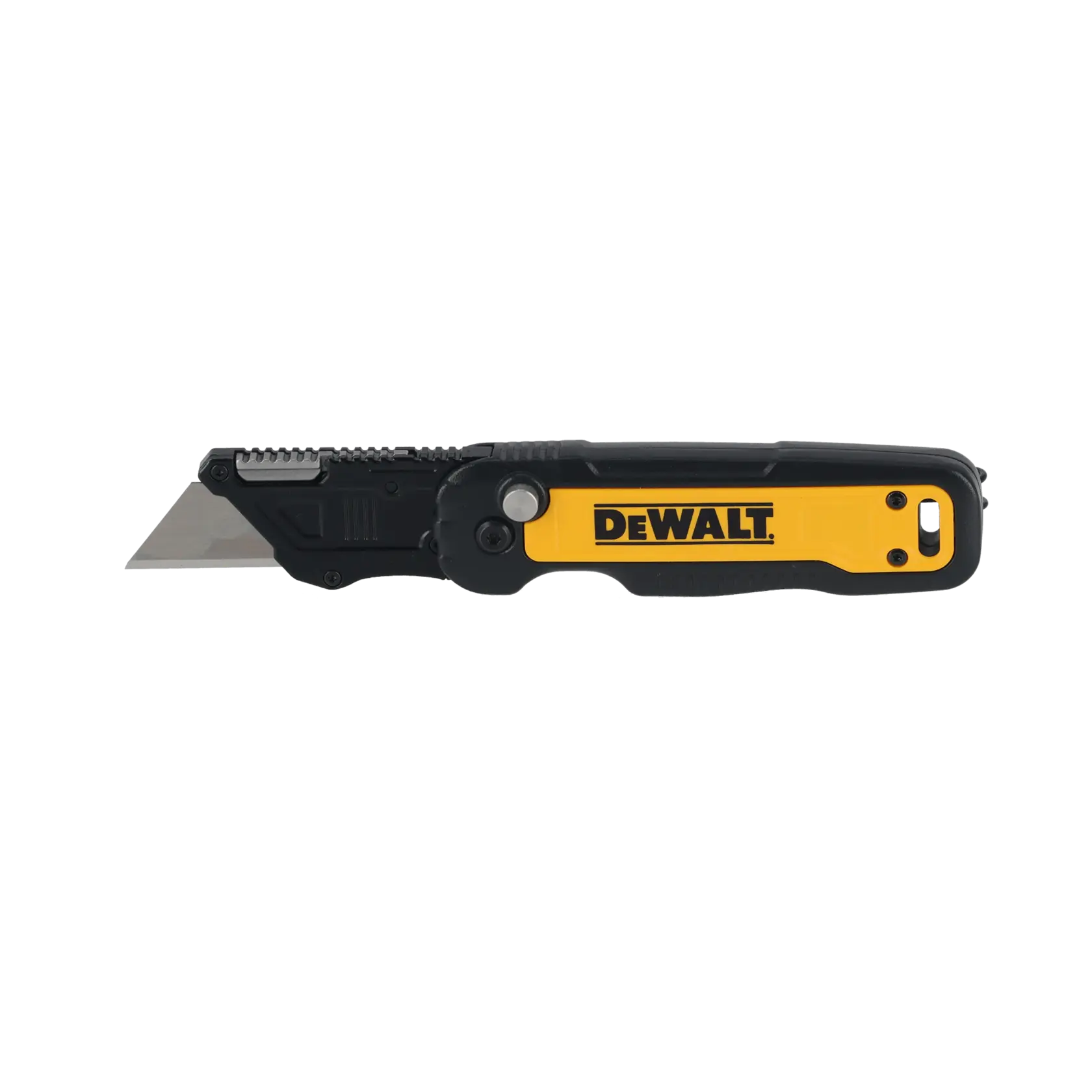 DEWALT Klapp-Cutter mit gelbem und schwarzem Griff und sichtbarer Klinge, seitlich gezeigt.