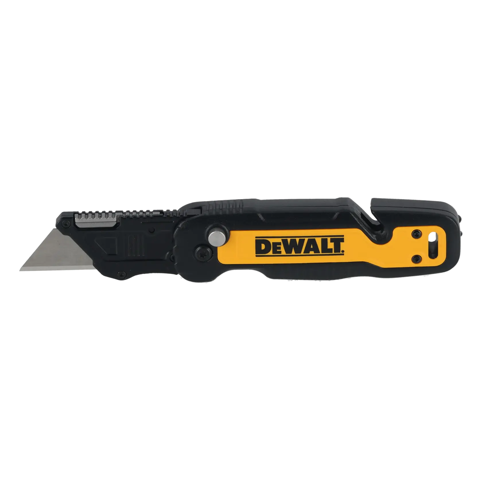 DEWALT Klapp-Cutter mit schwarzem und gelbem Griff, sichtbare Klinge und integriertem Schneidewerkzeug.
