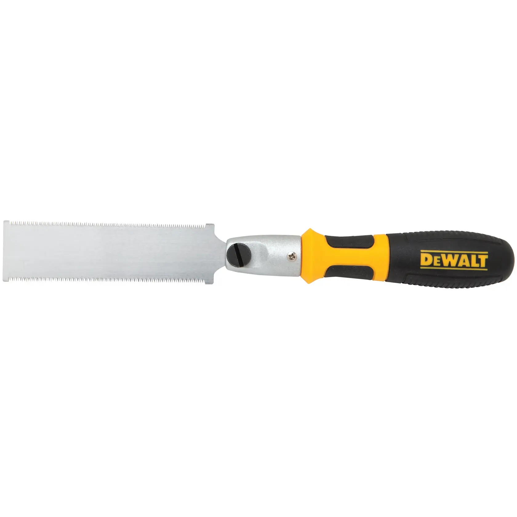 Eine Handsäge mit einem rechteckigen Blatt und einem schwarz-gelben Griff mit dem DEWALT-Logo.