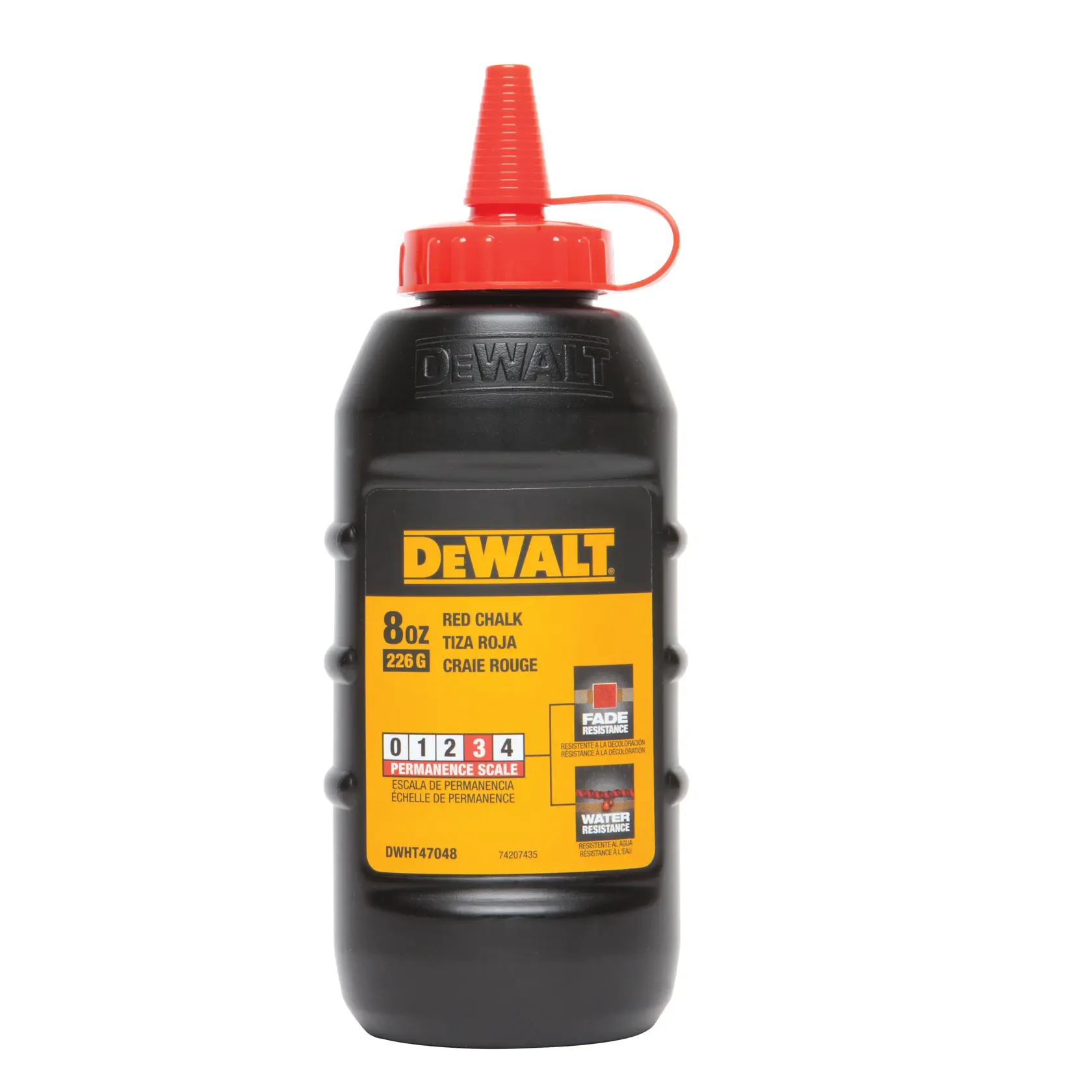 Eine Flasche DEWALT rote Kreide zum Markieren, mit einem Fassungsvermögen von 8 oz (226 g), einem schwarzen Körper und einer roten Dosierkappe. Das Etikett hebt die Beständigkeit gegen Ausbleichen und Wasser sowie eine Permanenzskala hervor.