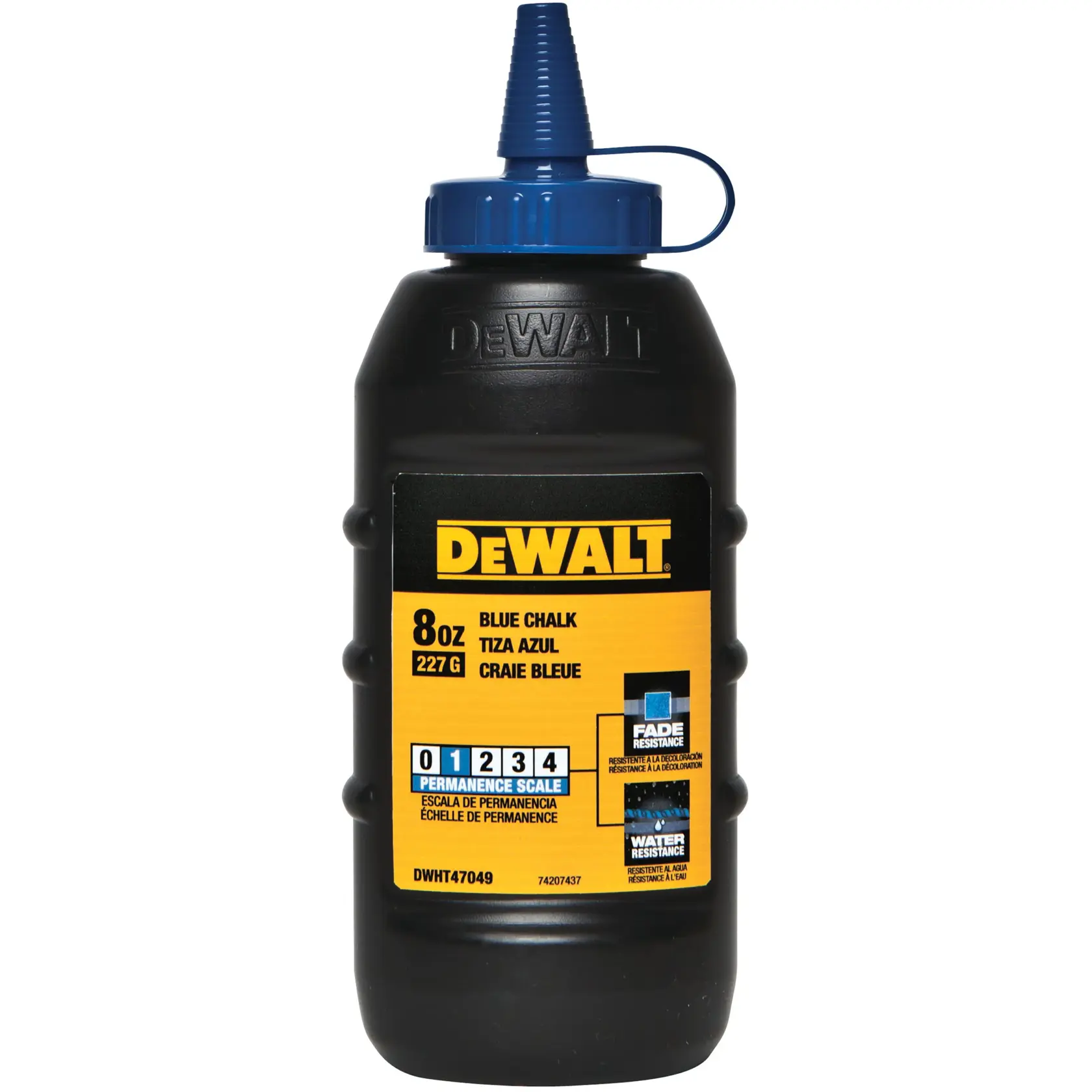 Eine Flasche DEWALT blaue Kreide, 8 Unzen (227 Gramm), mit einer blauen Düse. Die Flasche ist schwarz mit einem gelben Etikett, das Produktinformationen wie Ausbleich- und Wasserbeständigkeit zeigt.
