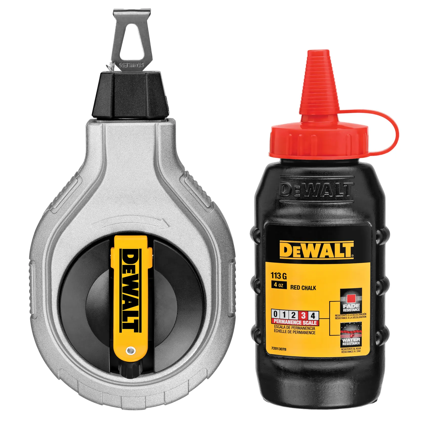 Ein DEWALT Markierungsset mit einem Markierungsrollen-Werkzeug mit gelbem DEWALT-Label sowie einer schwarzen Flasche mit roter Kreide und roter Düse, verwendet zum Ziehen gerader Linien im Bau und bei Tischlerarbeiten.
