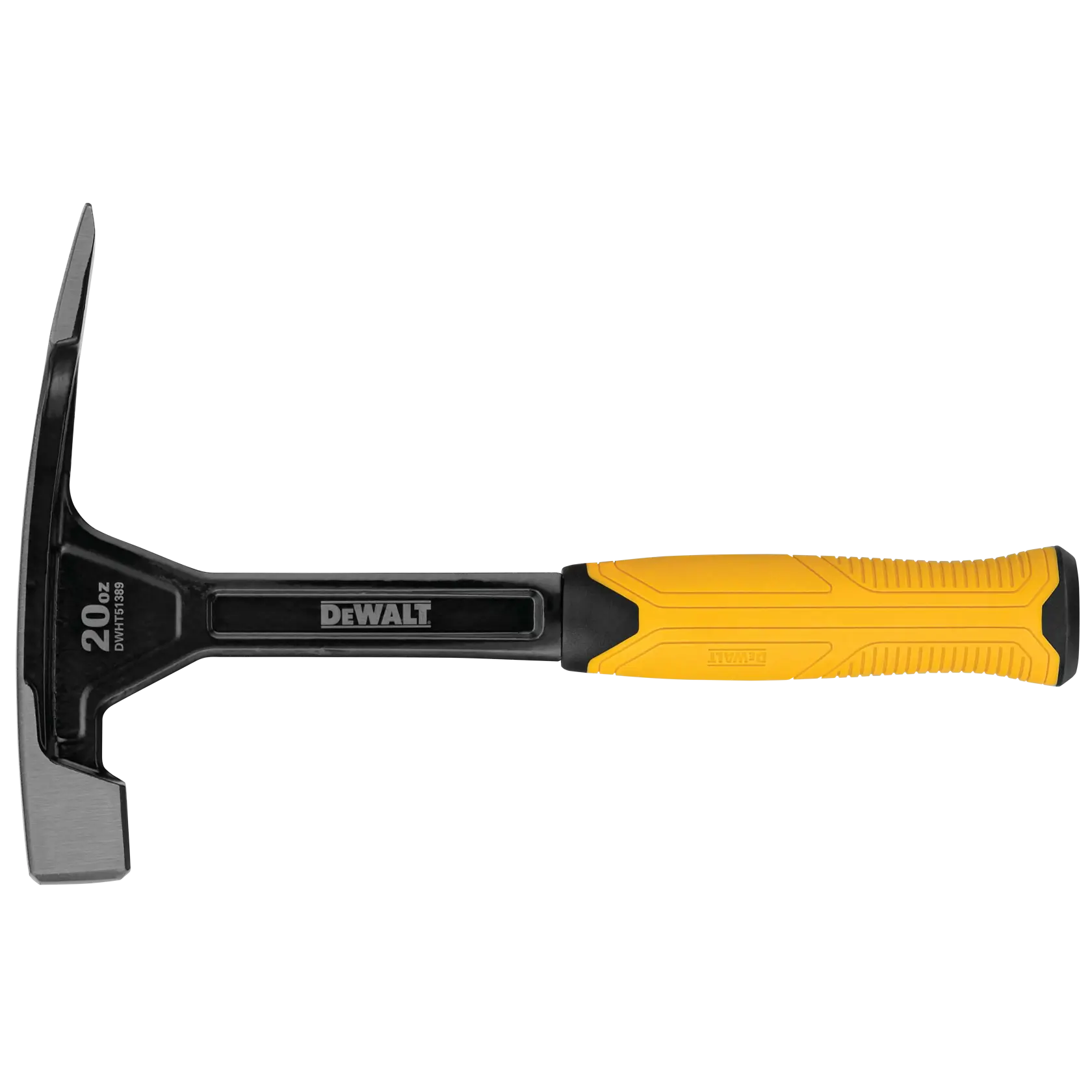 Ein DEWALT 20 oz Hammer mit ergonomischem gelb-schwarzem Griff. Die Modellnummer DWHT51389 ist auf dem Kopf sichtbar und das Design eignet sich für Bau- oder Schreinerarbeiten.