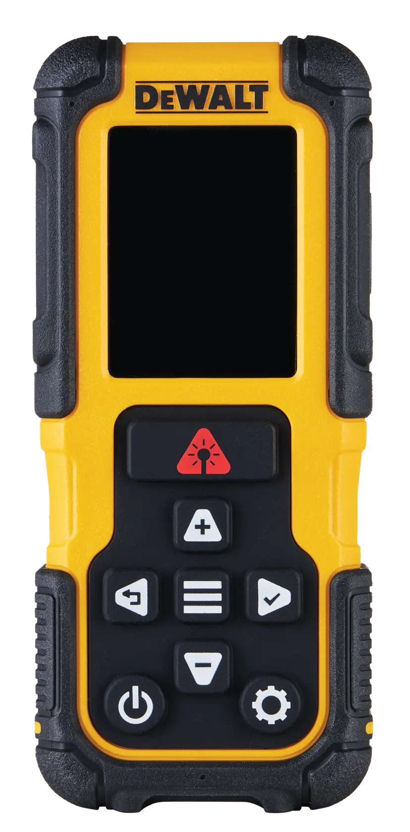 Gelber DEWALT Laser-Entfernungsmesser mit Digitalanzeige und mehreren Funktionstasten.