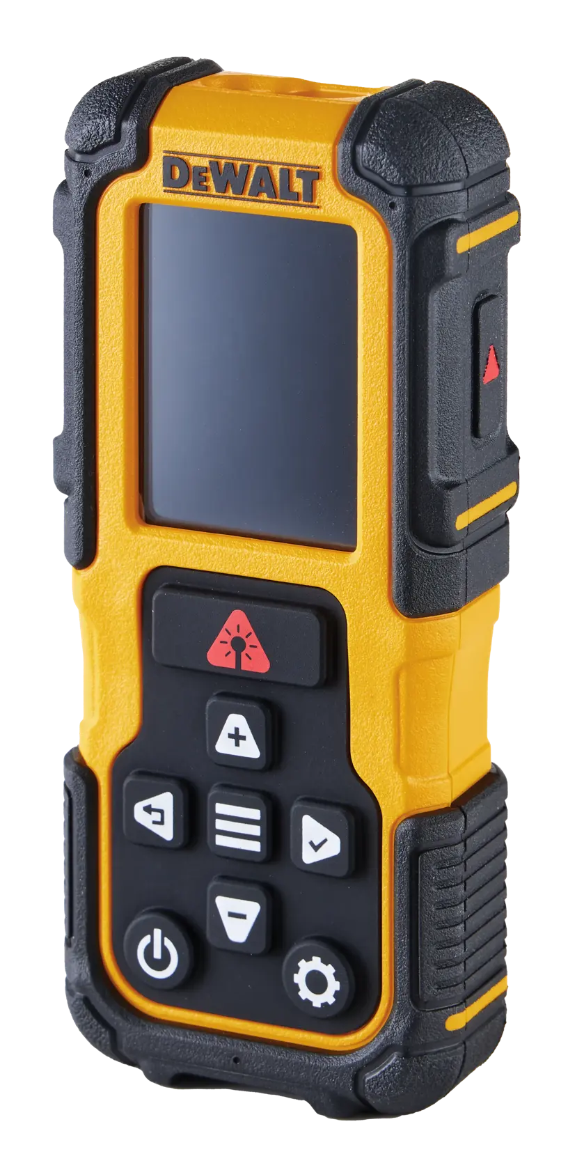 Dispositivo digital portátil DEWALT con pantalla y botones, diseño robusto amarillo y negro.