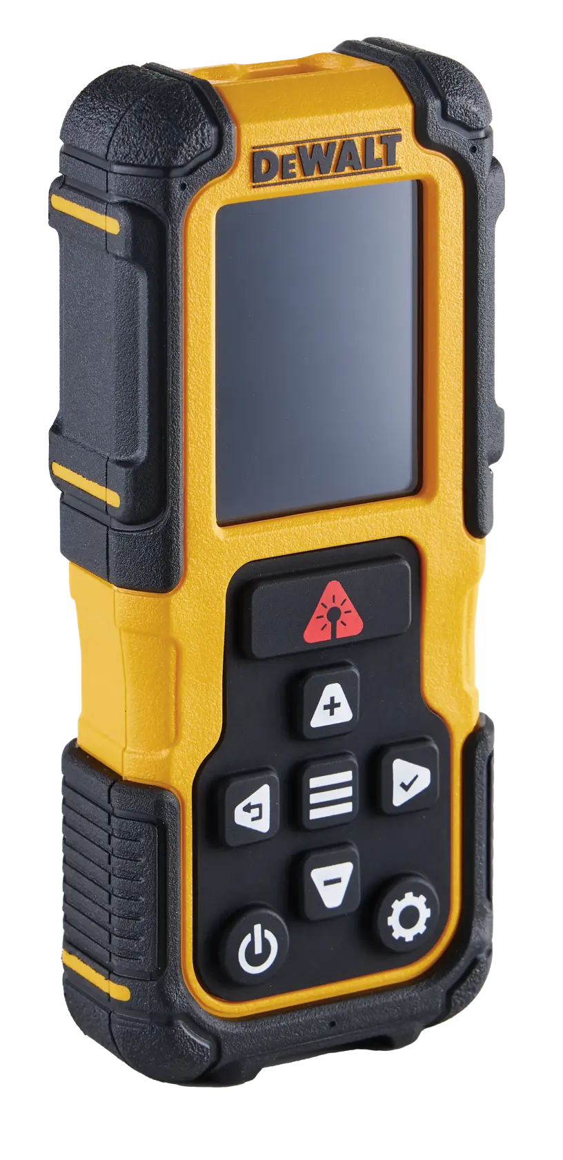 Medidor láser de distancia DEWALT DWHT77200 con pantalla y botones, diseño robusto amarillo y negro.