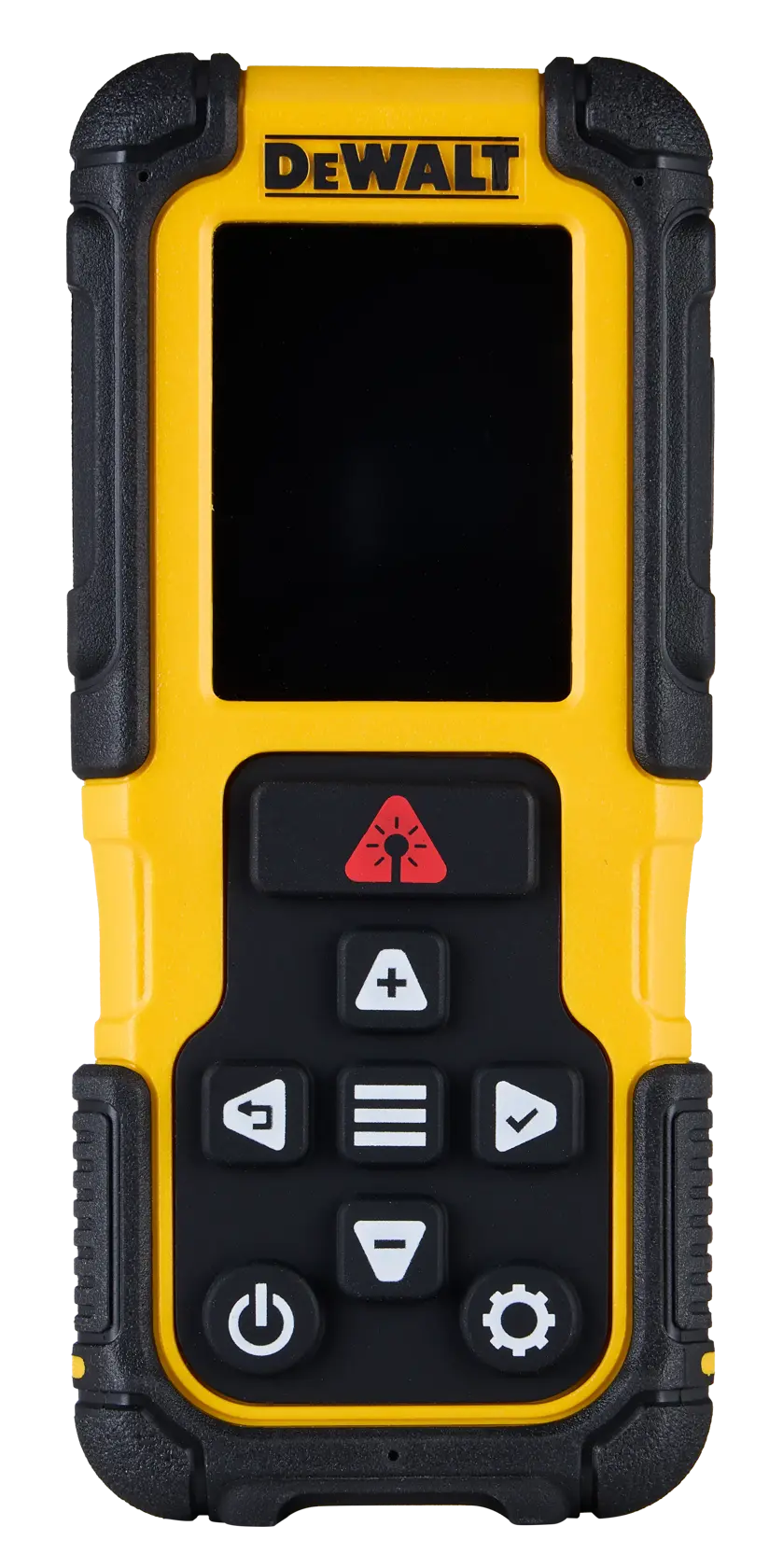 Ein tragbares digitales Laser-Messgerät von DEWALT mit einem gelb-schwarzen robusten Gehäuse, einem Display oben und mehreren Funktionstasten darunter, einschließlich Power-, Menü- und Navigationstasten.