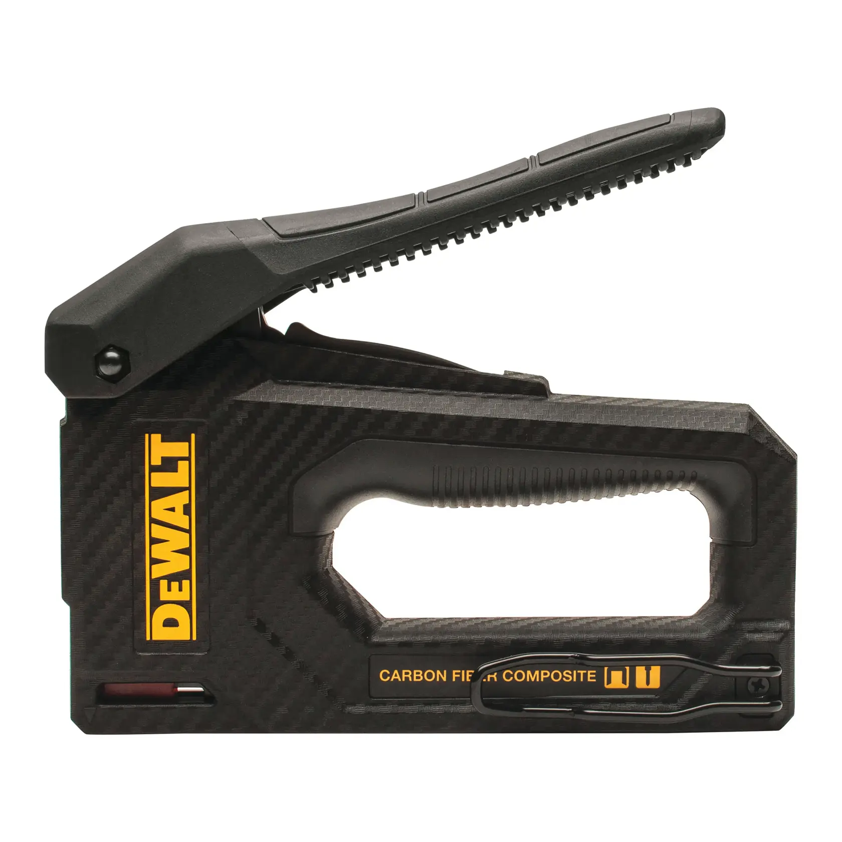 DEWALT Heftgerät aus Carbonfaser mit ergonomischem Griff, Seitenclip und gelbem Logo.