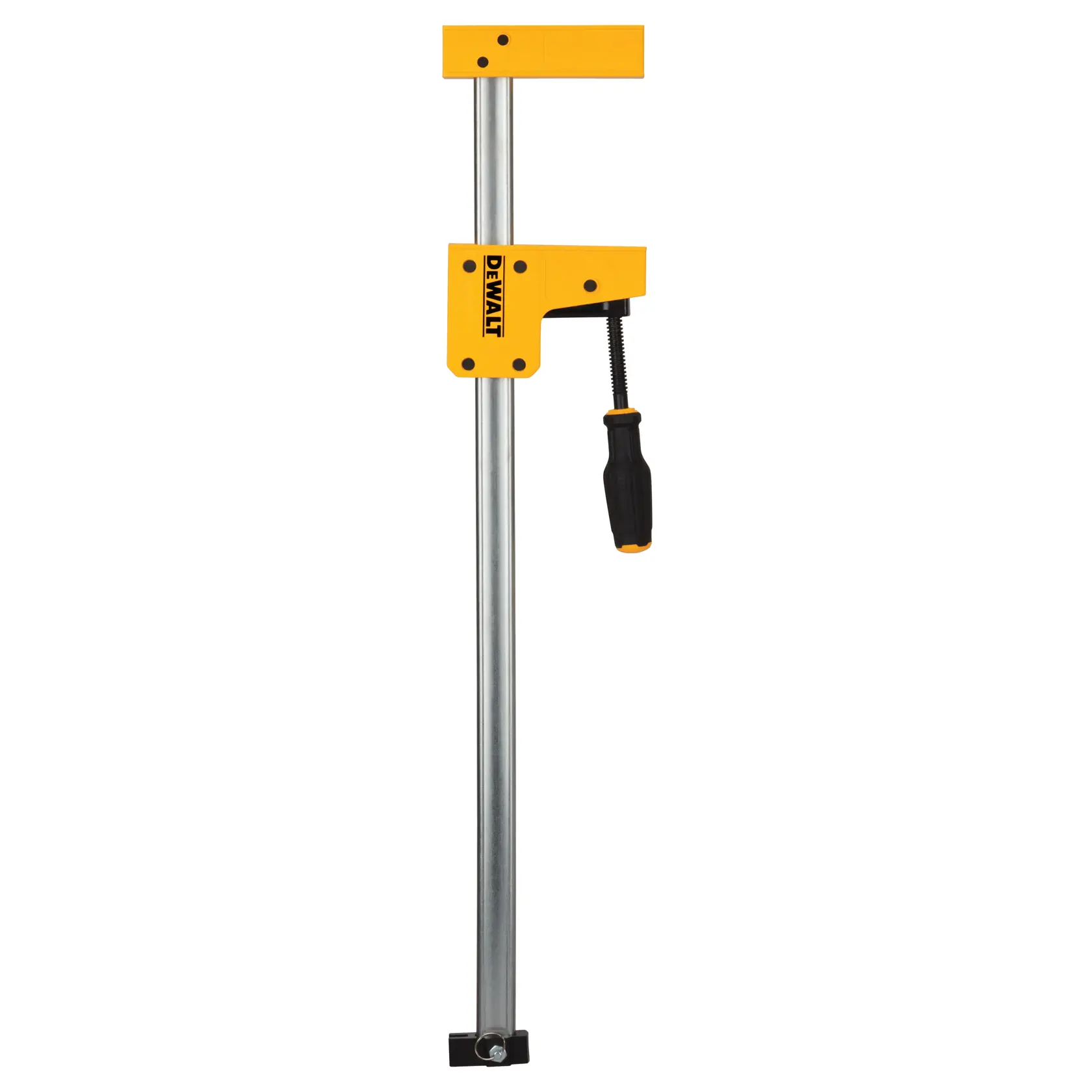 Eine DEWALT Stangenzwinge mit einem gelb-schwarzen Griff und Metallschaft. Die Zwinge ist für Anwendungen in der Holz- und Bauarbeiten konzipiert.