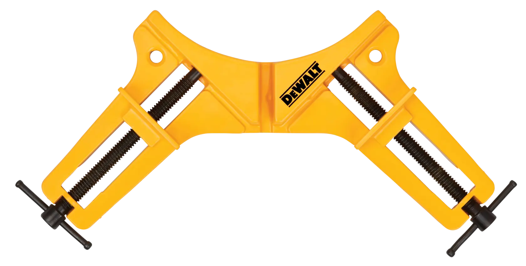 Eine gelbe DEWALT-Eckzwinge, die für Holzarbeiten und das Zusammenhalten von Teilen im 90-Grad-Winkel entwickelt wurde. Die Zwinge verfügt über zwei Schraubmechanismen für sicheren und verstellbaren Halt.