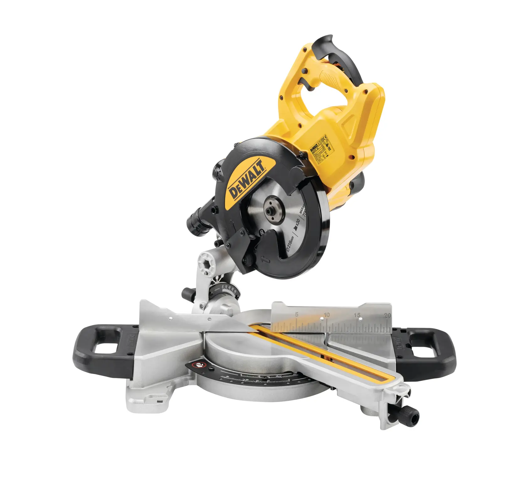 DEWALT DWS773 gelb-schwarze Kappsäge für präzises Schneiden, abgebildet auf weißem Hintergrund.