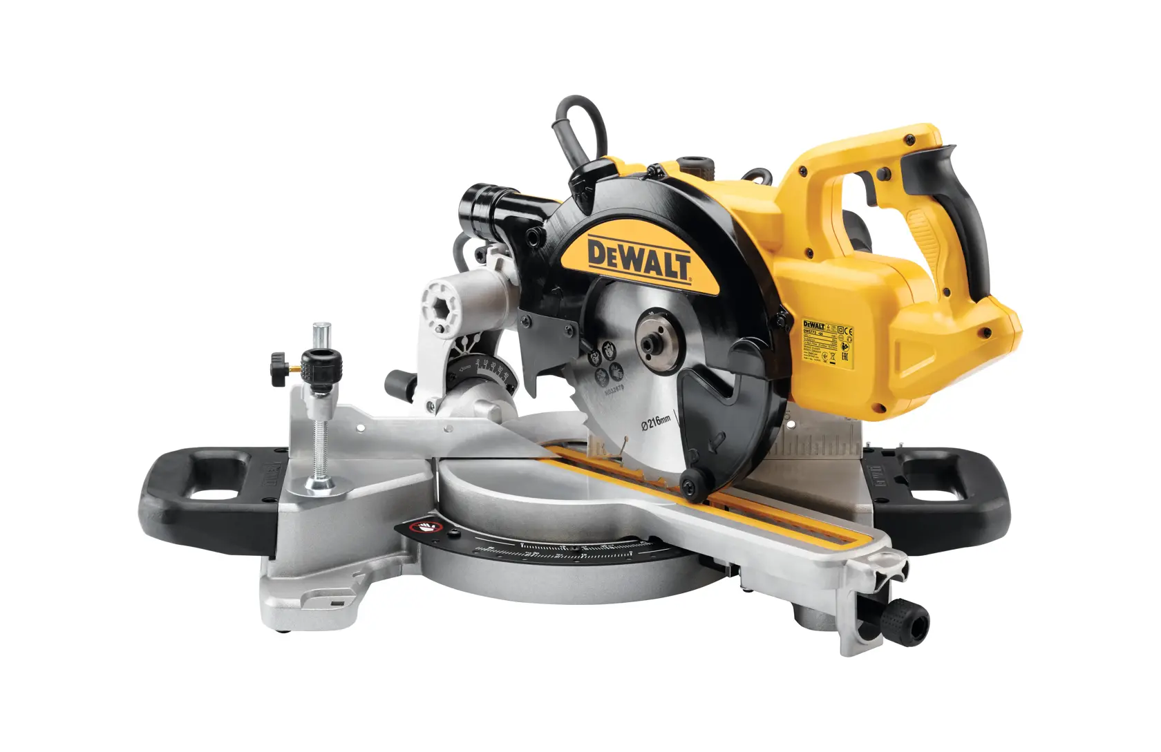 DEWALT DWS773 gelbe und schwarze Kappsäge mit Schutz und Griff auf weißem Hintergrund.