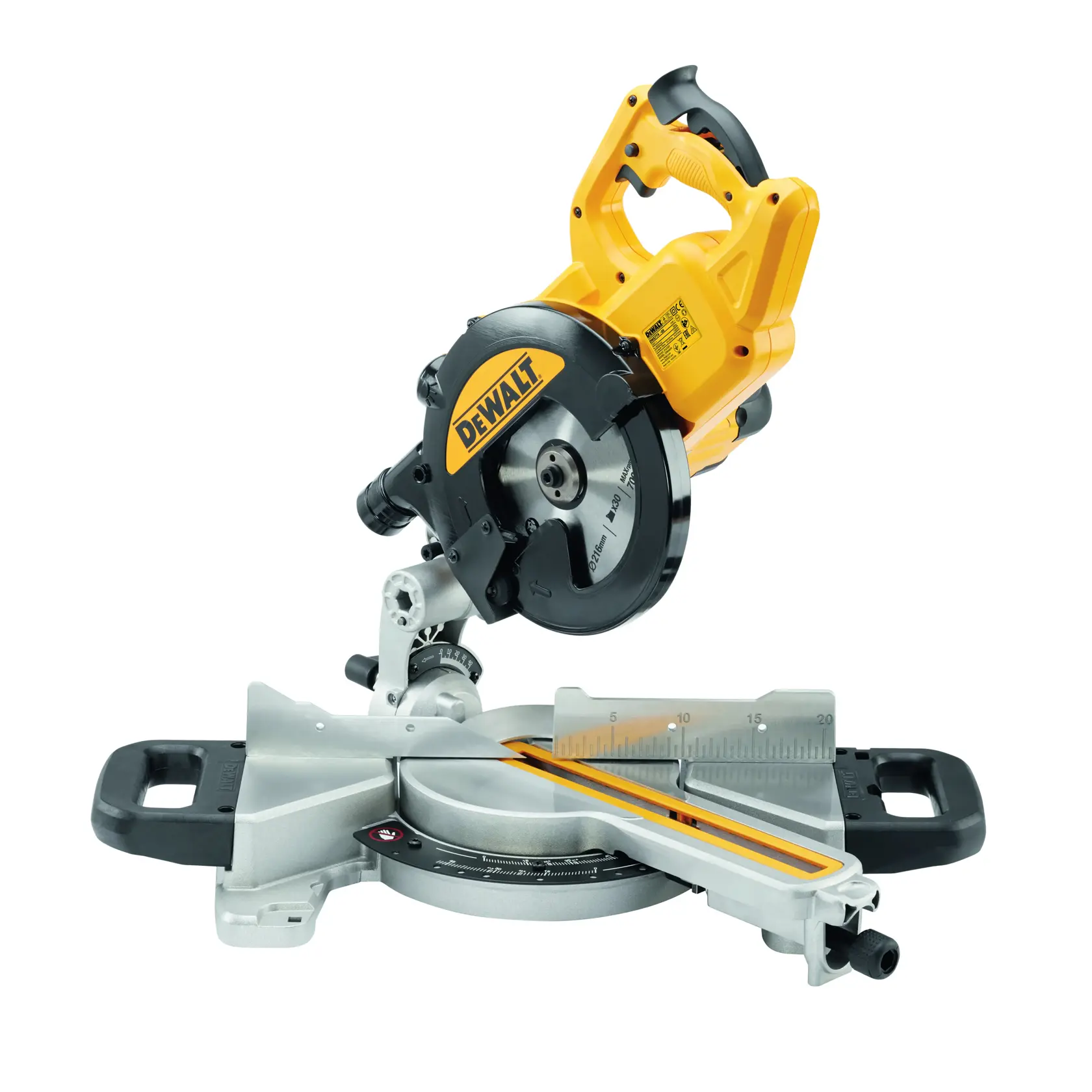 DEWALT DWS774 gelbe und schwarze Kappsäge mit verstellbarem Sockel und Griff zum Schneiden.