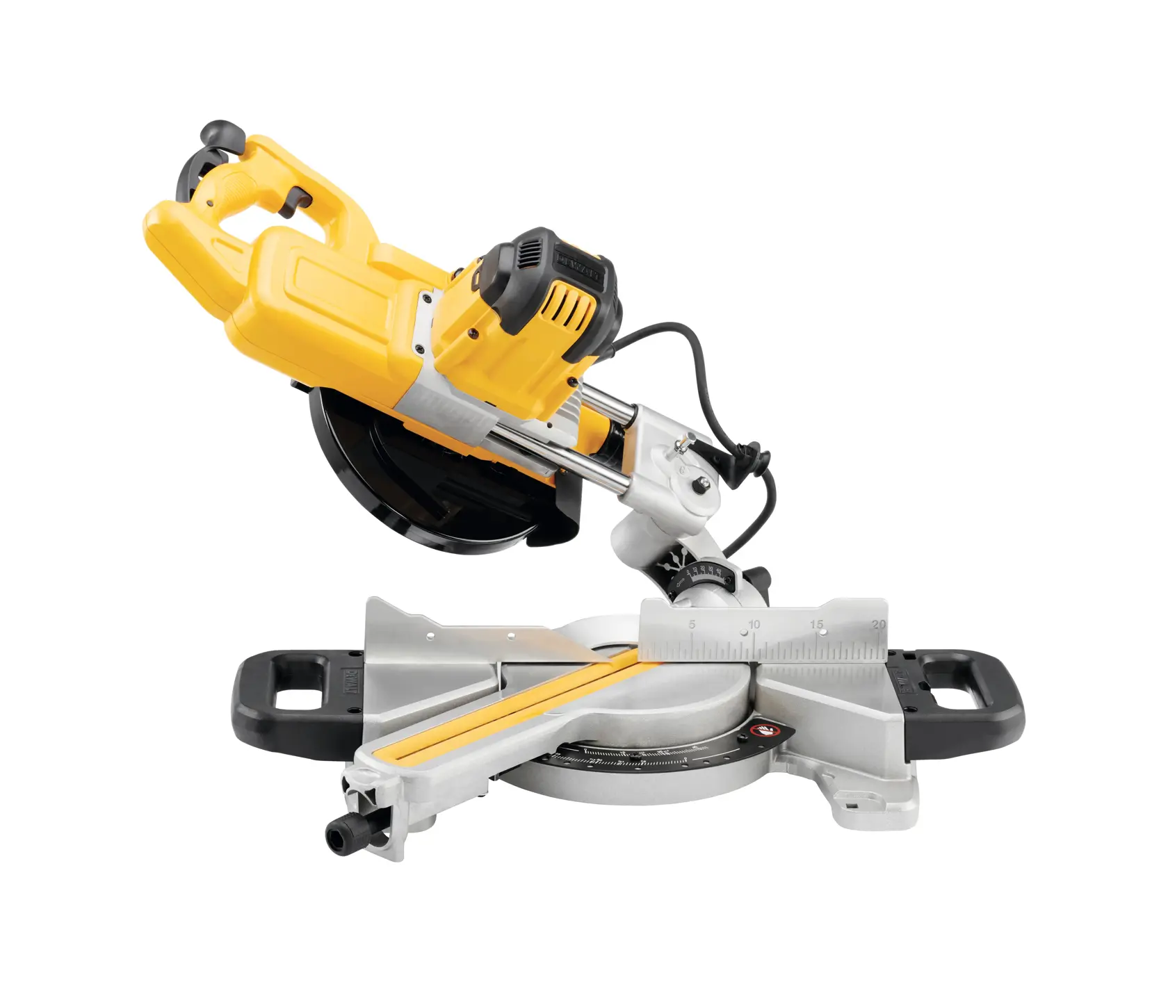 Eine DEWALT DWS774 Kappsäge mit gelb-schwarzem Gehäuse, dargestellt vor weißem Hintergrund. Die Säge verfügt über eine präzise Skala, stabile Griffe und ein Netzkabel.