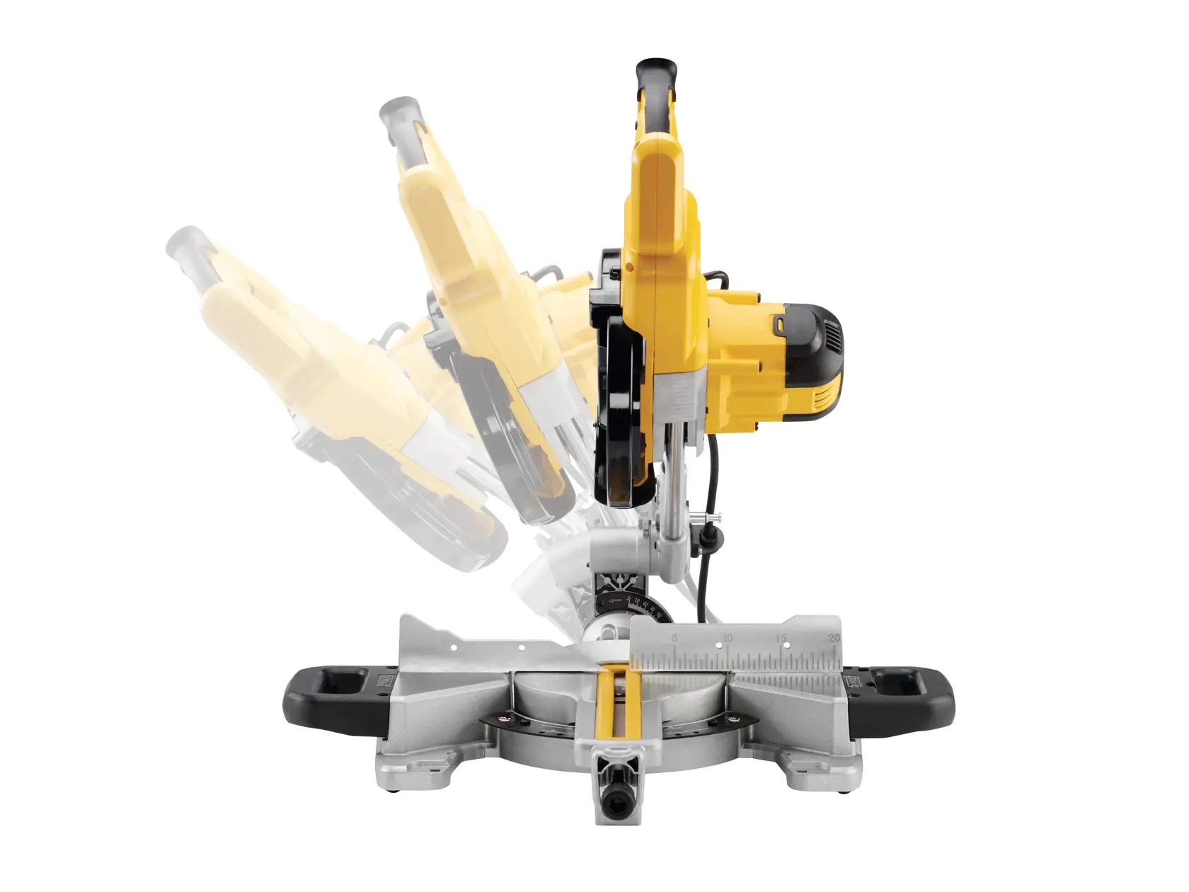 DEWALT DWS774 Säge mit verstellbaren Klingenwinkeln. Werkzeug vor weißem Hintergrund.