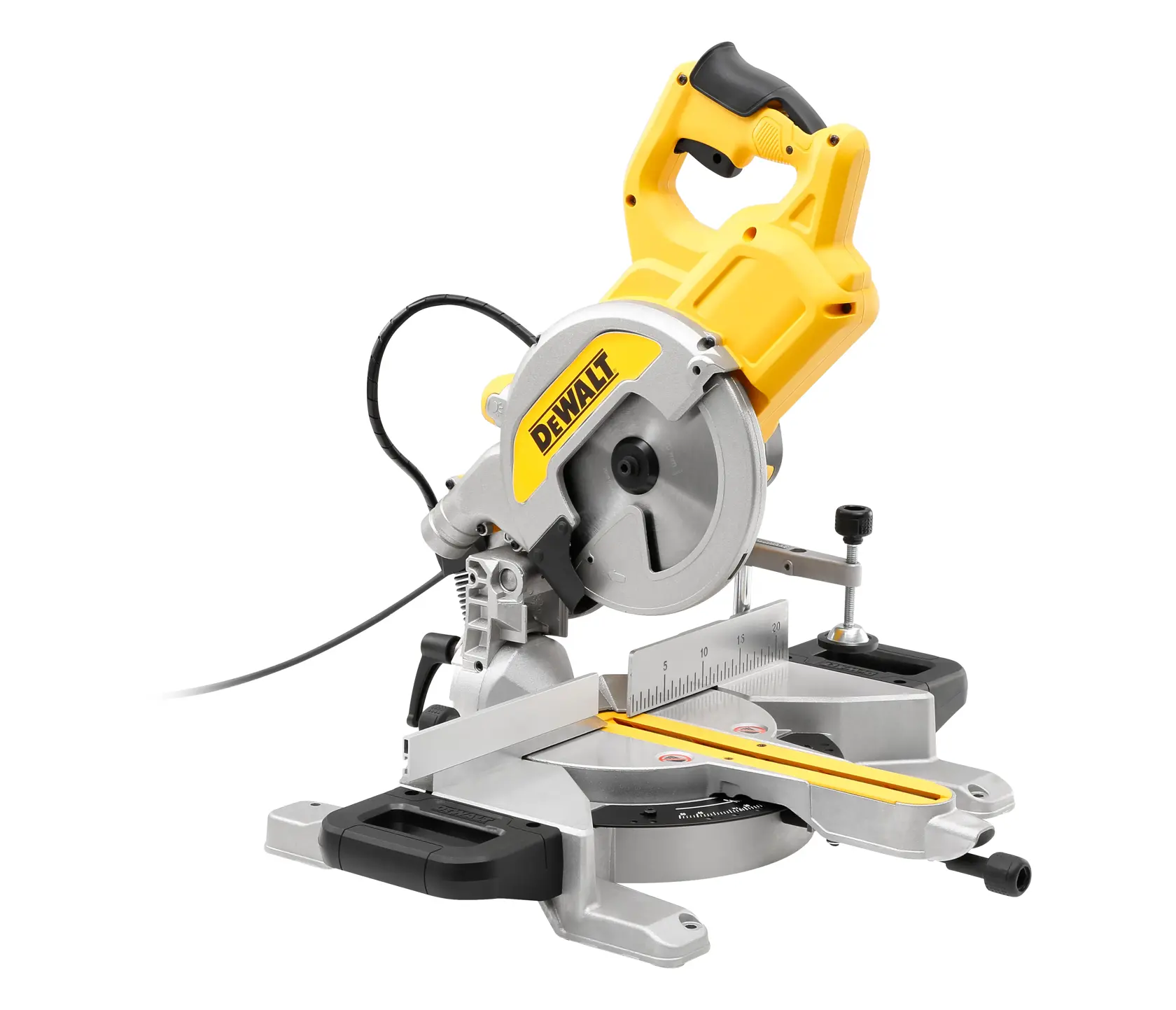 DEWALT DWS777 Kappsäge mit gelbem Griff und Klingenschutz, ideal für Holzarbeiten.