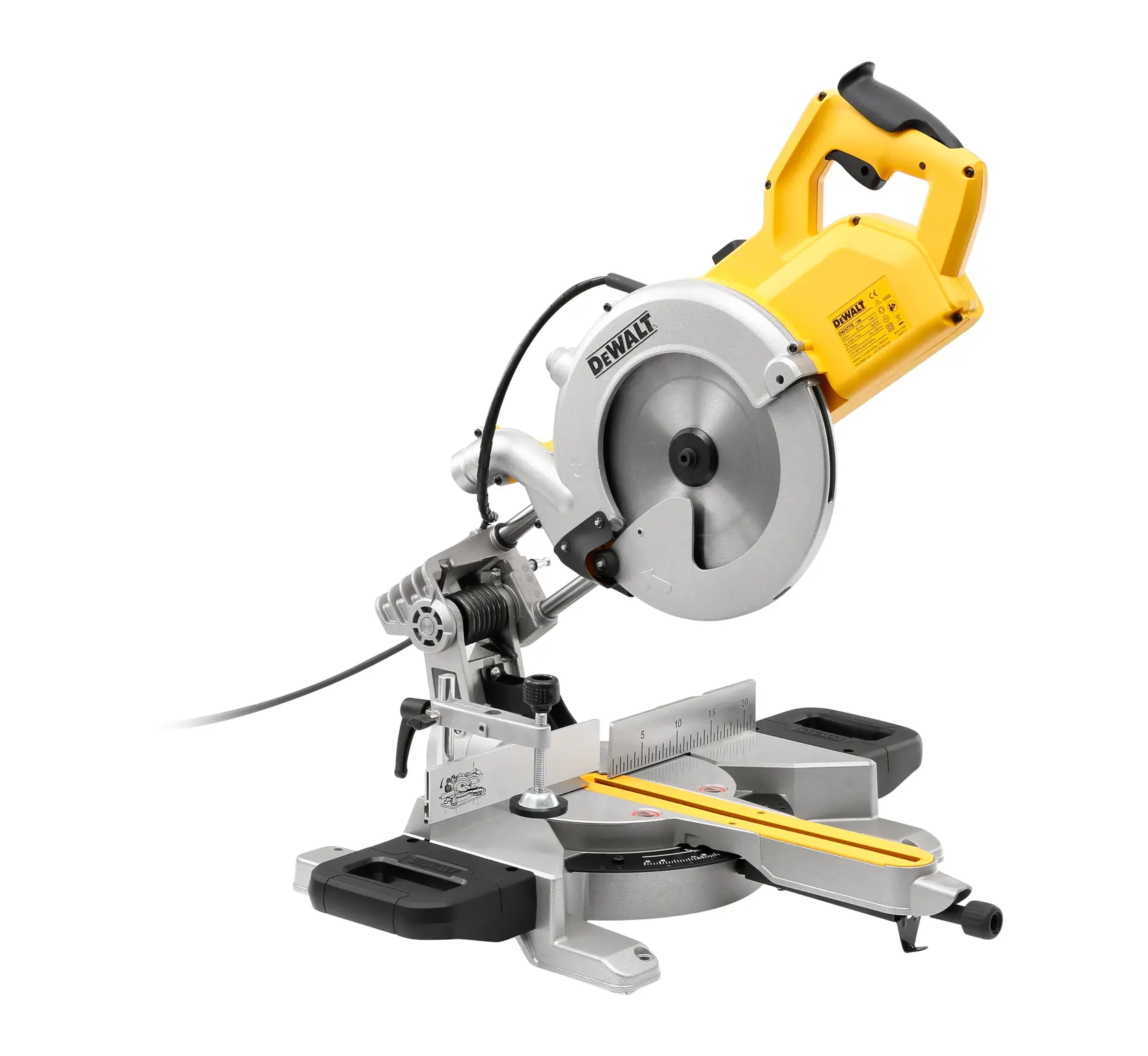 DEWALT DWS778 Elektro-Kappsäge mit gelbem Griff, Klingenschutz und Messskala.