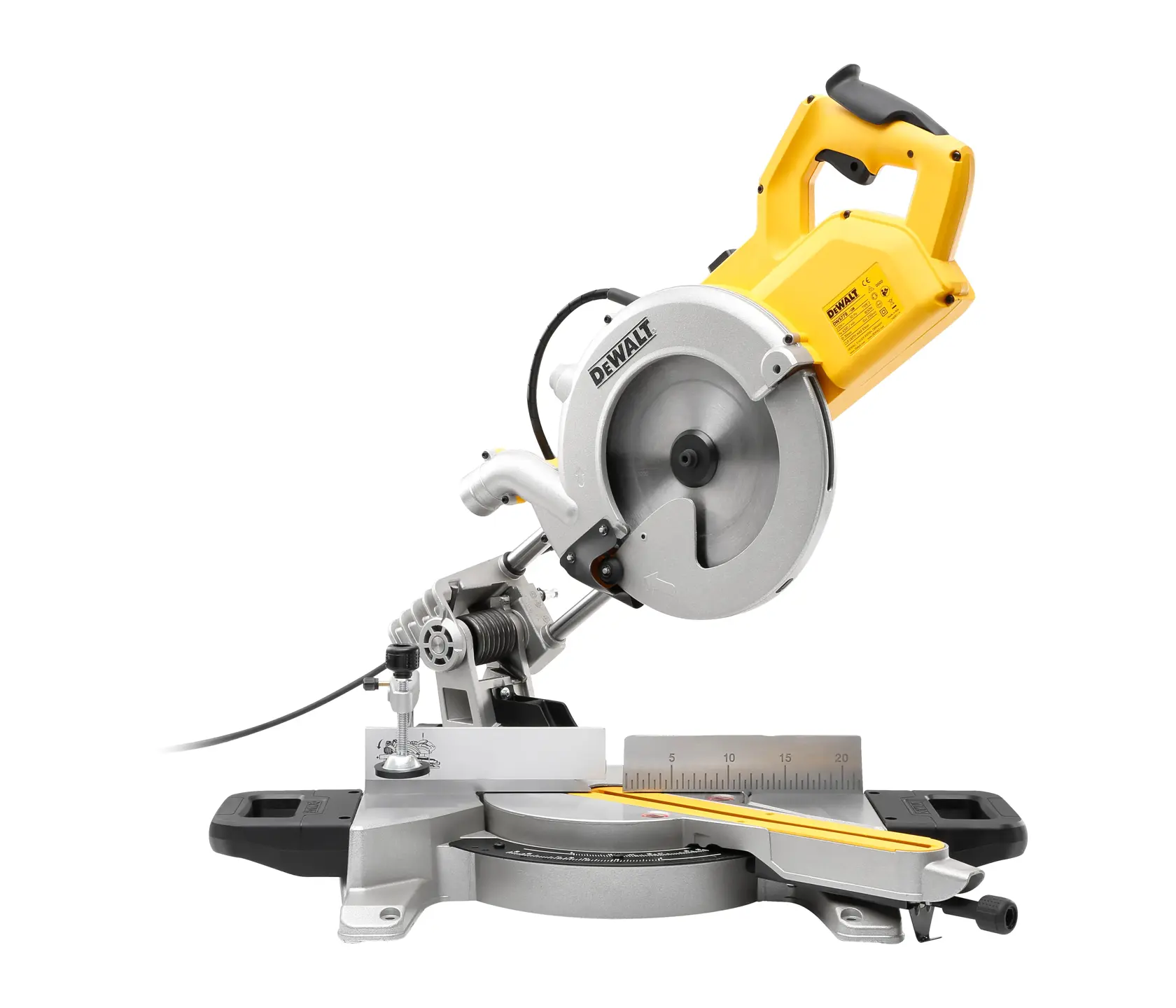DEWALT DWS778 gelb-silberne Gehrungssäge mit Messleiste und Kreissägeblatt zum Schneiden von Holz.