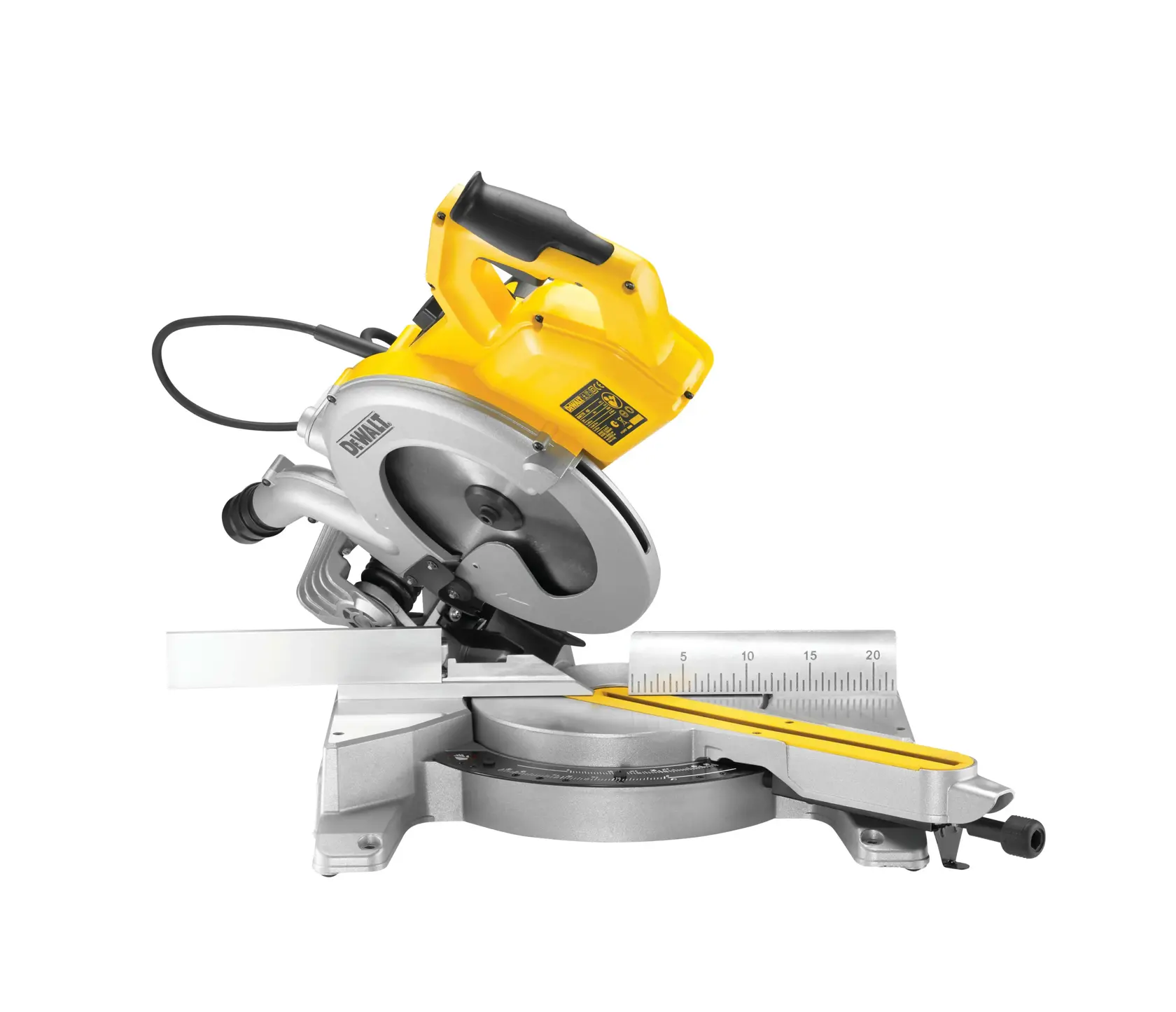 DEWALT DWS778 Kappsäge mit gelbem Griff und Lineal, geeignet für präzises Holzschneiden.