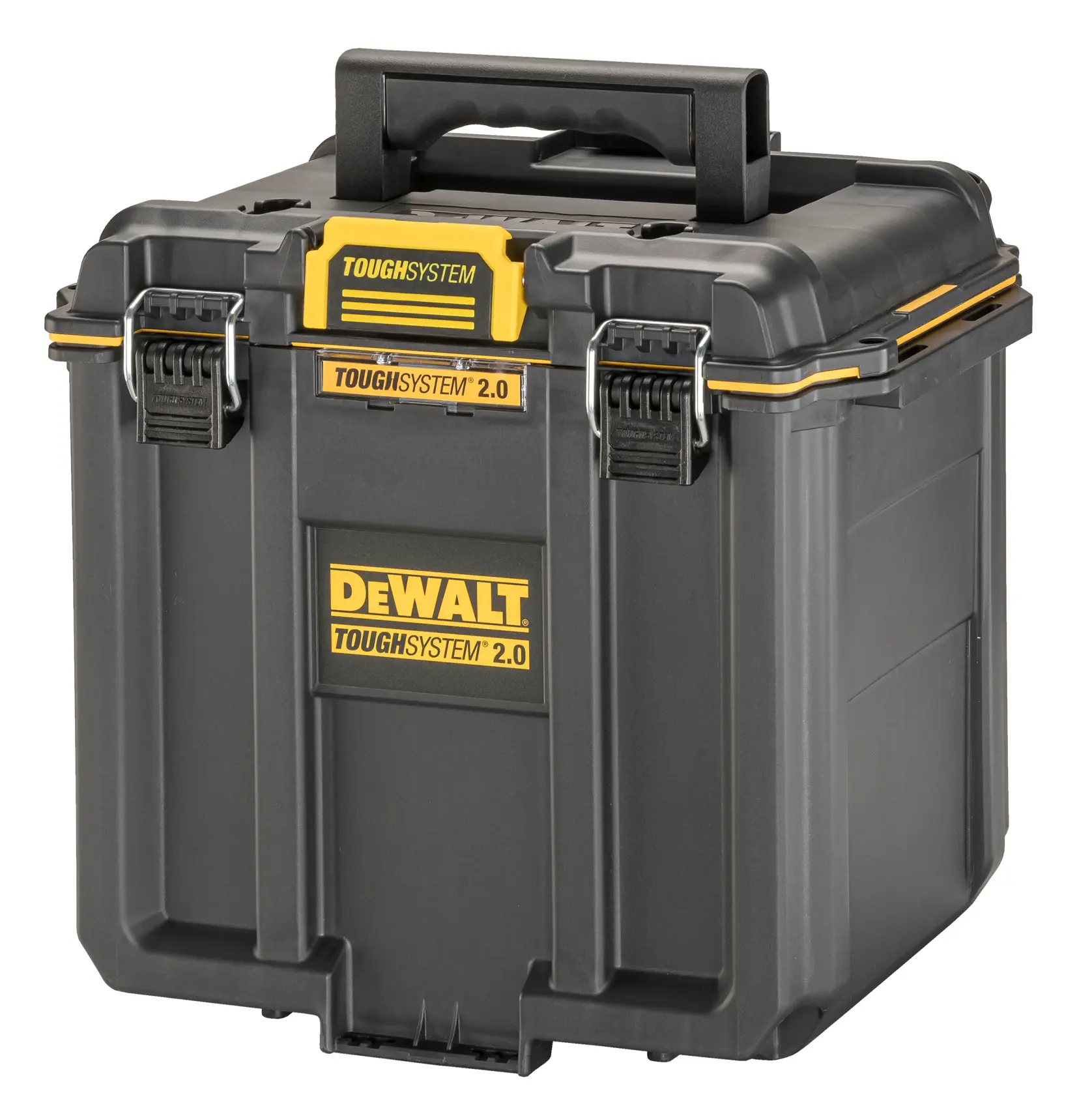 Eine DEWALT ToughSystem 2.0 Aufbewahrungsbox mit schwarzem und gelbem Design, einem stabilen Griff und sicheren Metallverschlüssen.