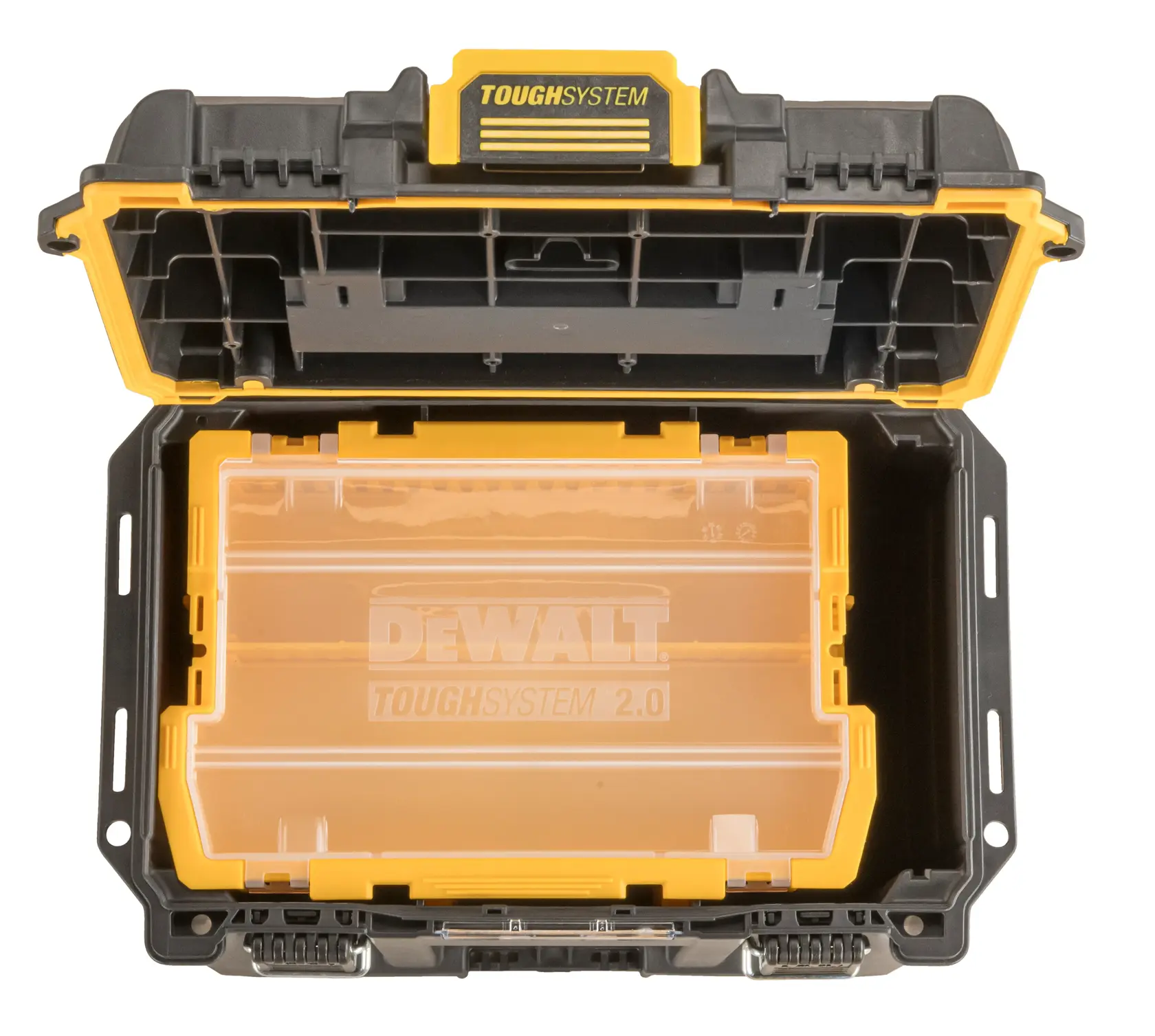 Graphique promotionnel DEWALT ToughSystem 2.0 avec le slogan 'Storage Built to Handle It' en grandes lettres jaunes sur un fond sombre texturé.