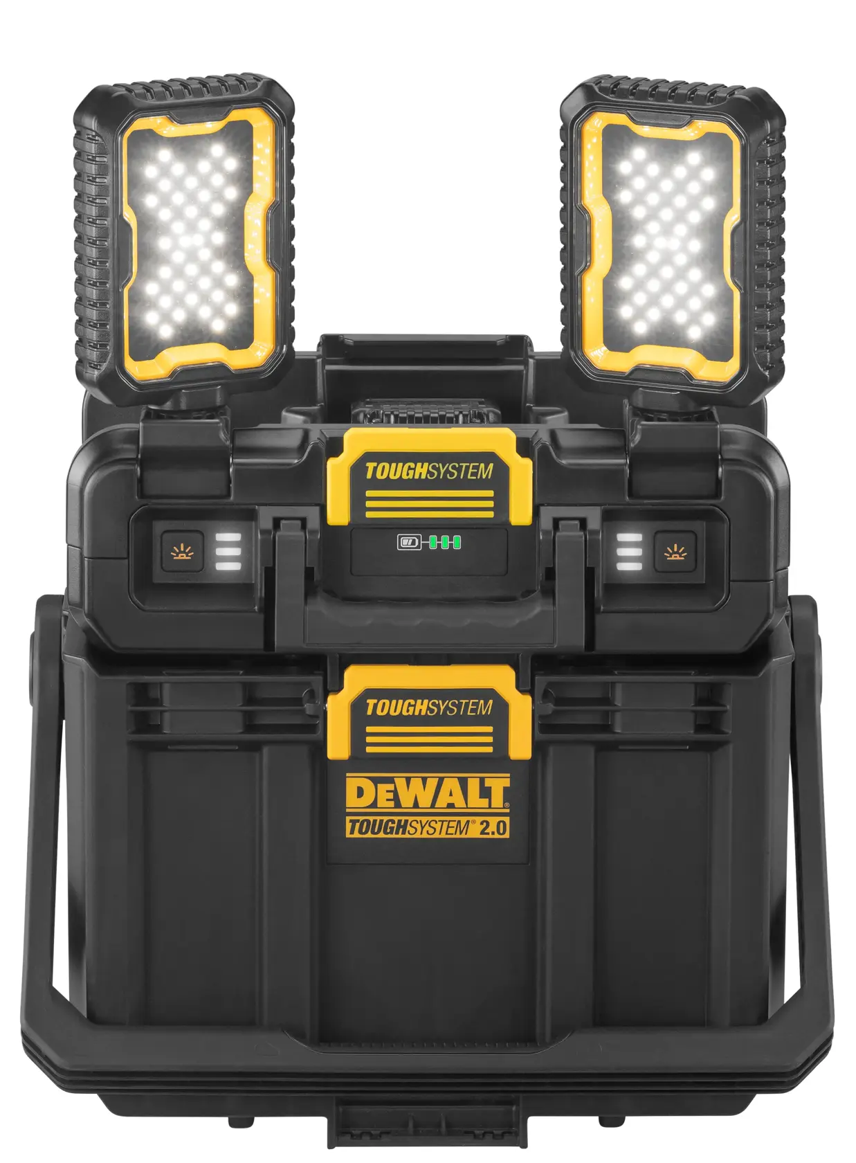 DEWALT ToughSystem 2.0 Aufbewahrungsbox mit zwei LED-Arbeitsleuchten oben, schwarz-gelbes Design.