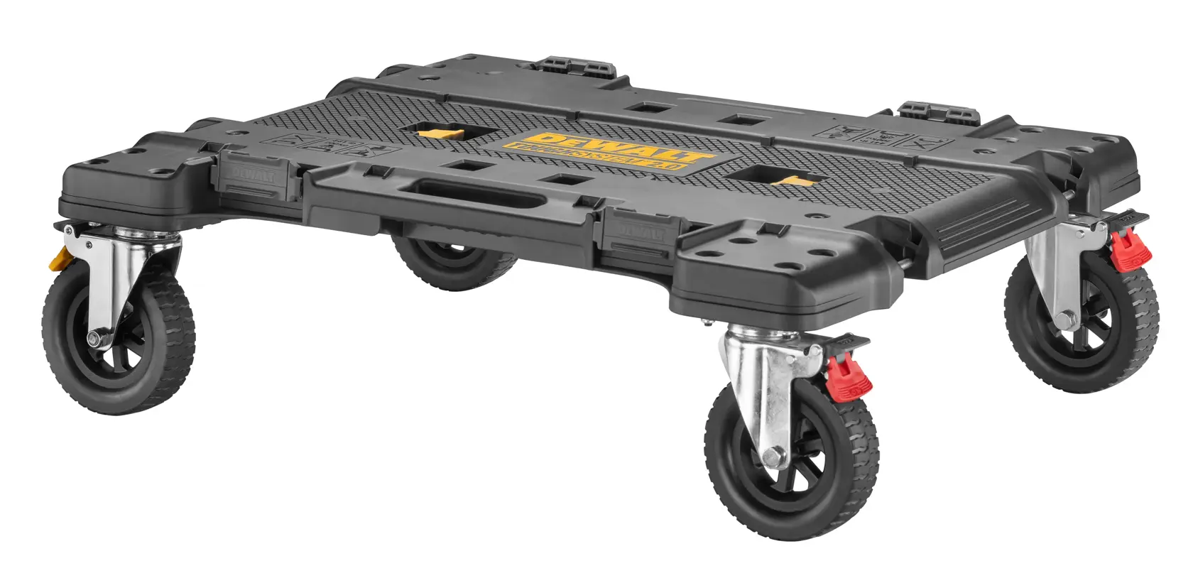 Schwarze DEWALT Rollplattform mit vier Rädern zum Transport schwerer Gegenstände vor weißem Hintergrund.