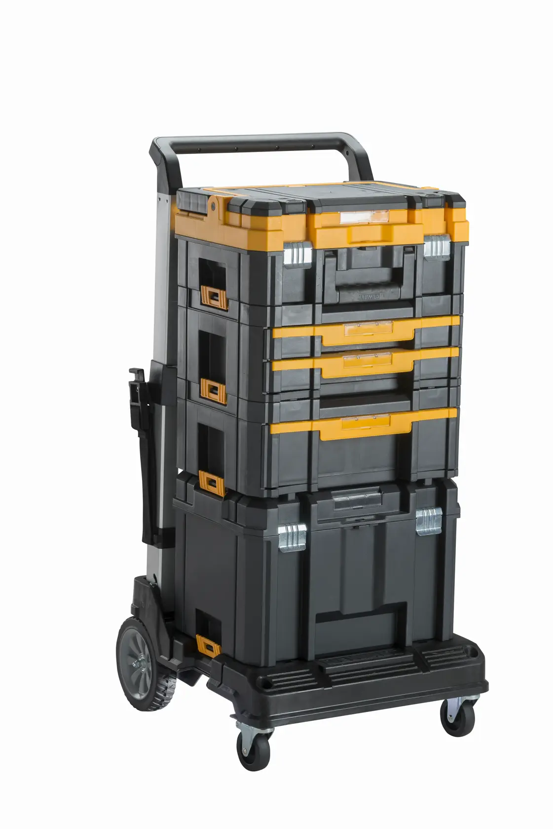 DEWALT stapelbarer Werkstattwagen mit schwarzen und gelben Aufbewahrungsboxen und Rädern.