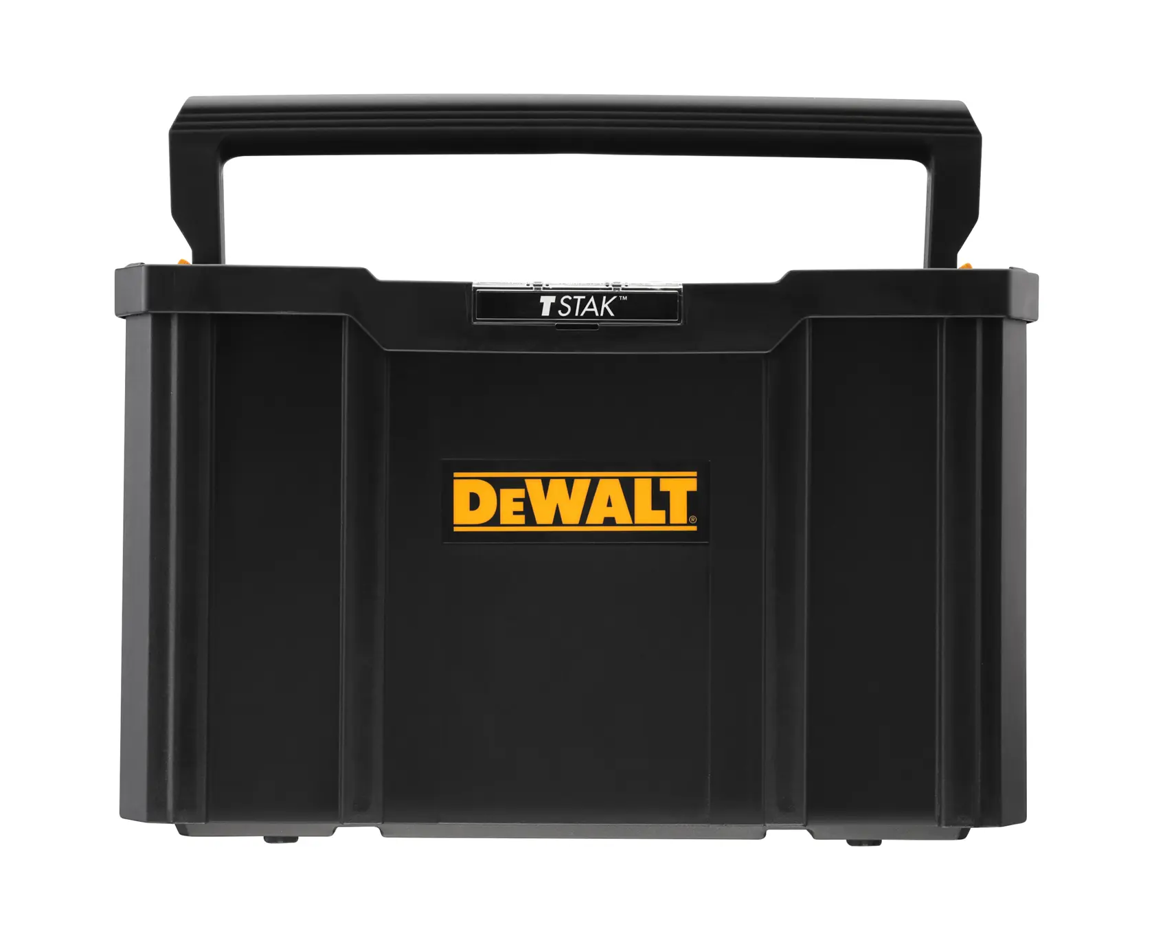 Schwarzer DEWALT TSTAK Werkzeugkoffer mit Griff und gelbem DEWALT Logo mittig auf der Vorderseite.