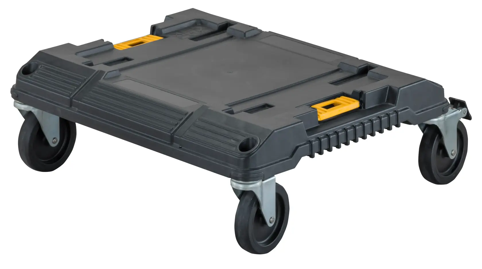 Schwarze DEWALT Rollplattform mit vier Rädern zum Transport von Werkzeugkästen oder Geräten.