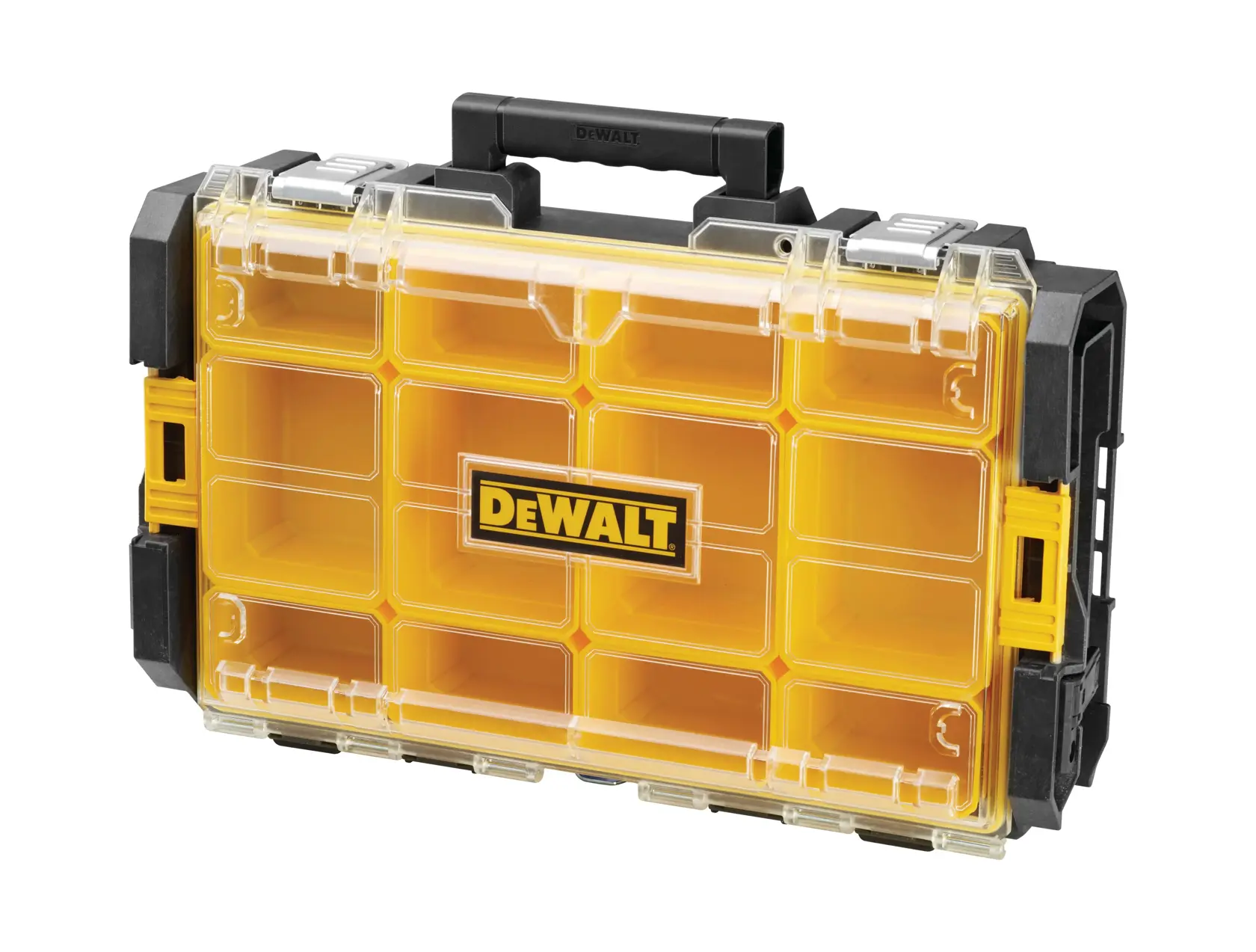 Ein gelber und schwarzer Organizer-Koffer aus Kunststoff der Marke DEWALT mit transparentem Deckel, mehreren Fächern und schwarzem Griff. Der Koffer ist zum Aufbewahren kleiner Werkzeuge, Zubehörteile oder Befestigungsmaterialien gedacht.