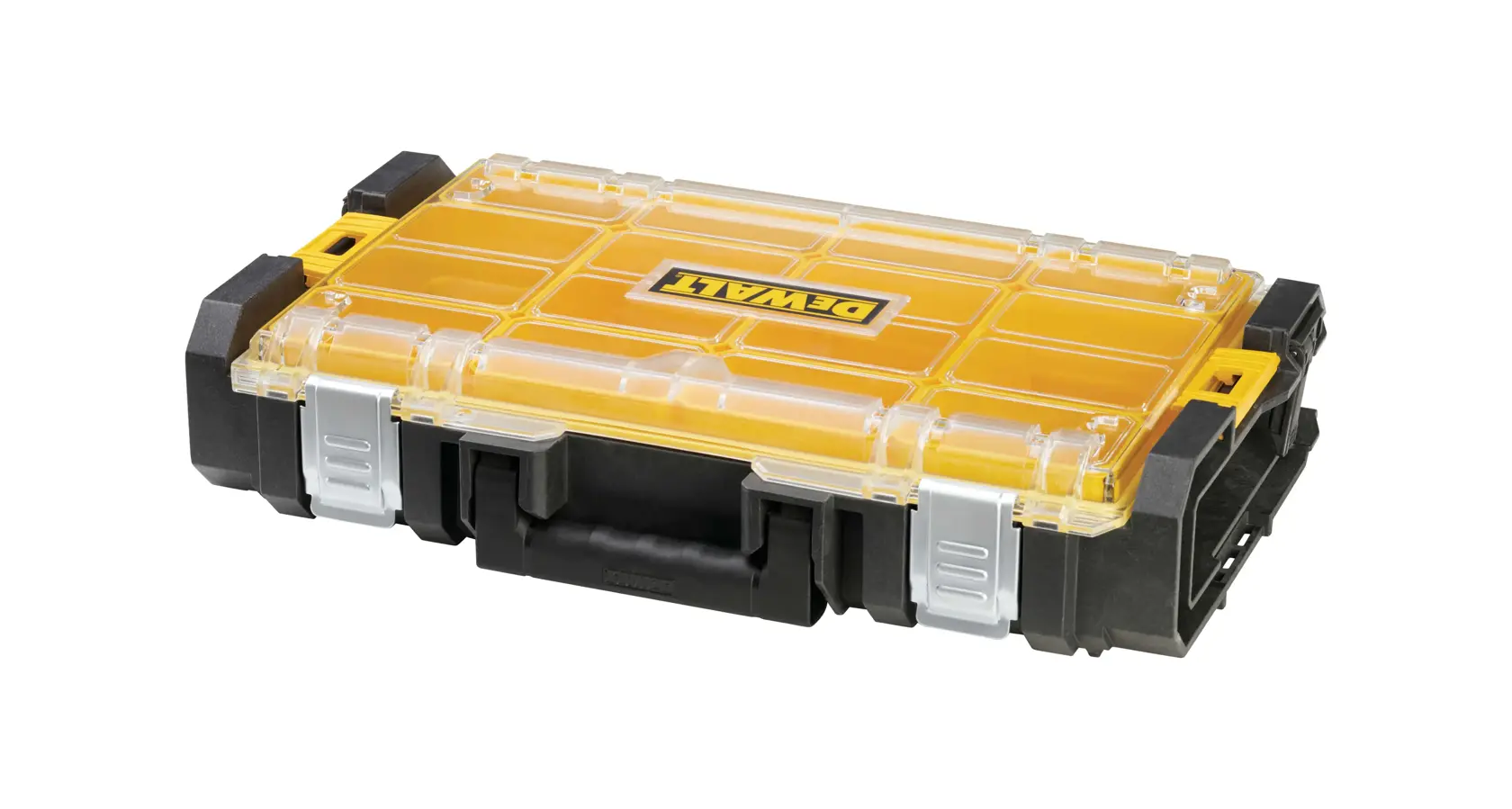 Graphique promotionnel DEWALT ToughSystem 2.0 avec le slogan 'Storage Built to Handle It' en grandes lettres jaunes sur un fond sombre texturé.