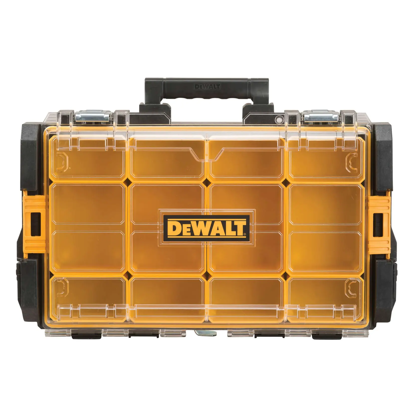 DEWALT ToughSystem 2.0 promotional graphic with the slogan 'Storage Built to Handle It' in large, bold yellow lettering on a dark, textured background.