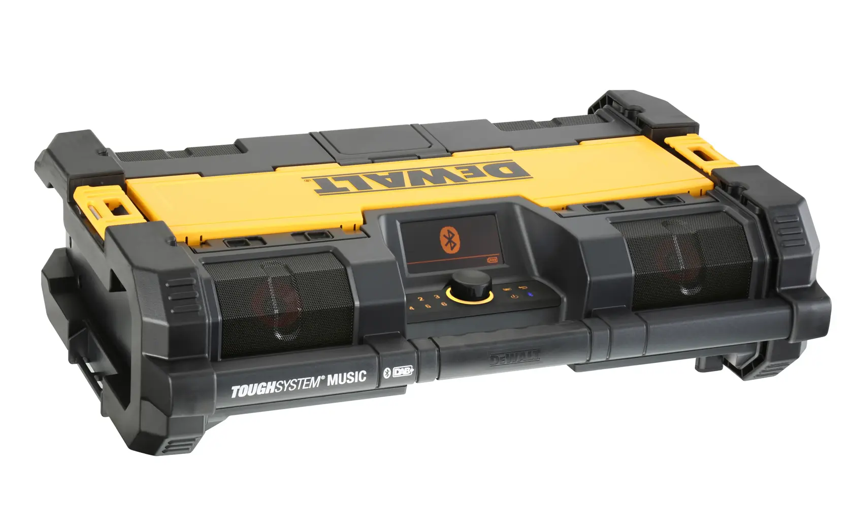 Vorderansicht eines DEWALT tragbaren Radios und Ladegeräts mit gelbem und schwarzem Design, mit Steuerknöpfen, einem Griff oben, Lautsprechern auf beiden Seiten und dem DEWALT-Logo deutlich in der Mitte.