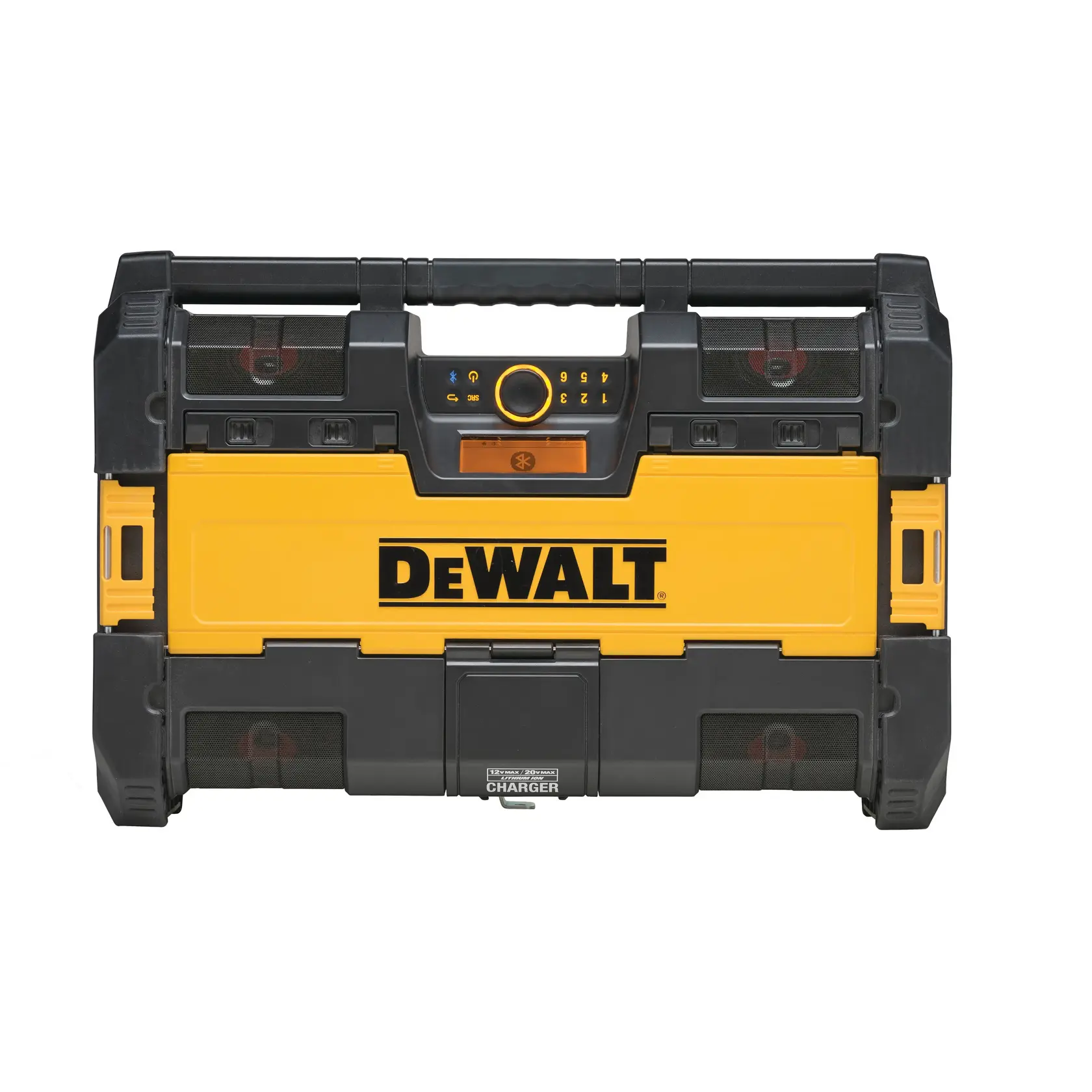Graphique promotionnel DEWALT ToughSystem 2.0 avec le slogan 'Storage Built to Handle It' en grandes lettres jaunes sur un fond sombre texturé.