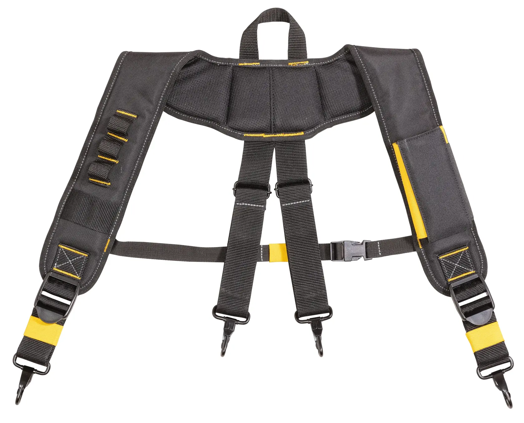 Gepolsterter DEWALT Gurt in Schwarz-Gelb mit verstellbaren Gurten und Clips für Werkzeugtaschen.