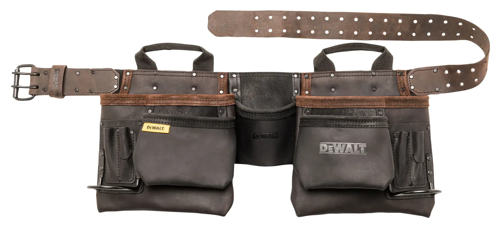 Schwarzer DEWALT Leder-Werkzeuggürtel mit mehreren Taschen und verstellbarem robustem Riemen.
