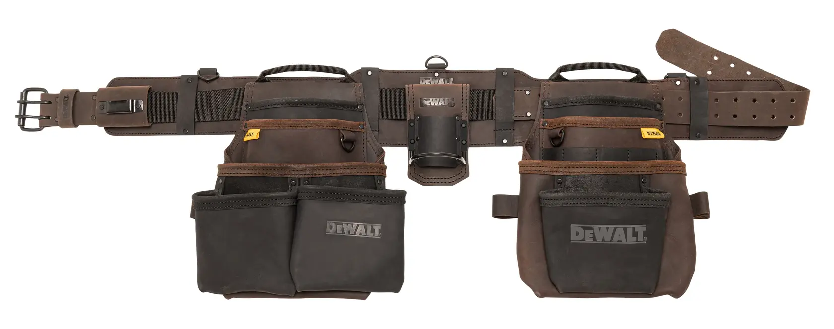DEWALT Leder-Werkzeuggürtel mit vielen Taschen und Fächern für Werkzeuge, vor weißem Hintergrund gezeigt.