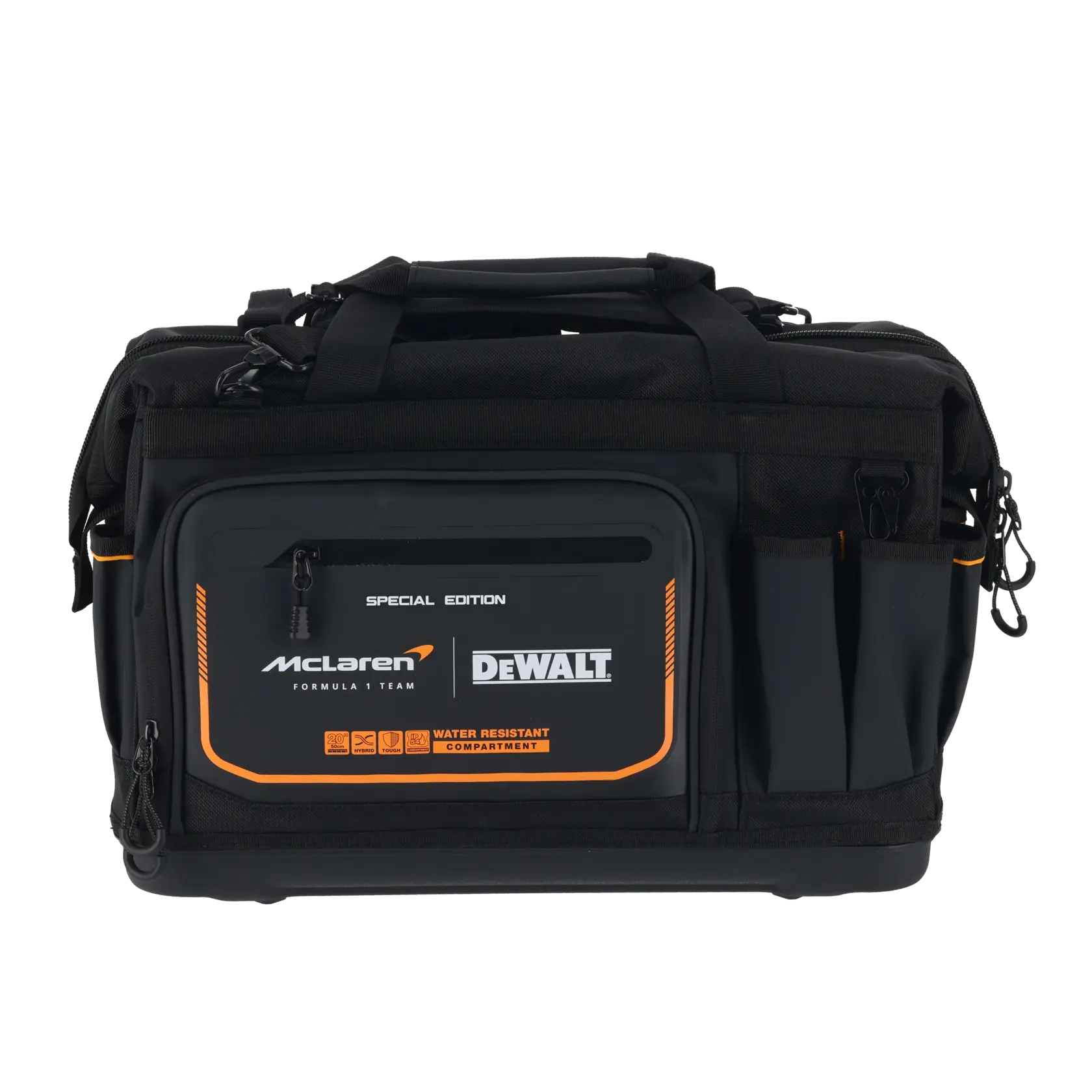 Schwarze DEWALT Werkzeugtasche mit McLaren-Branding, viele Fächer, wasserfest, Frontreißverschluss.