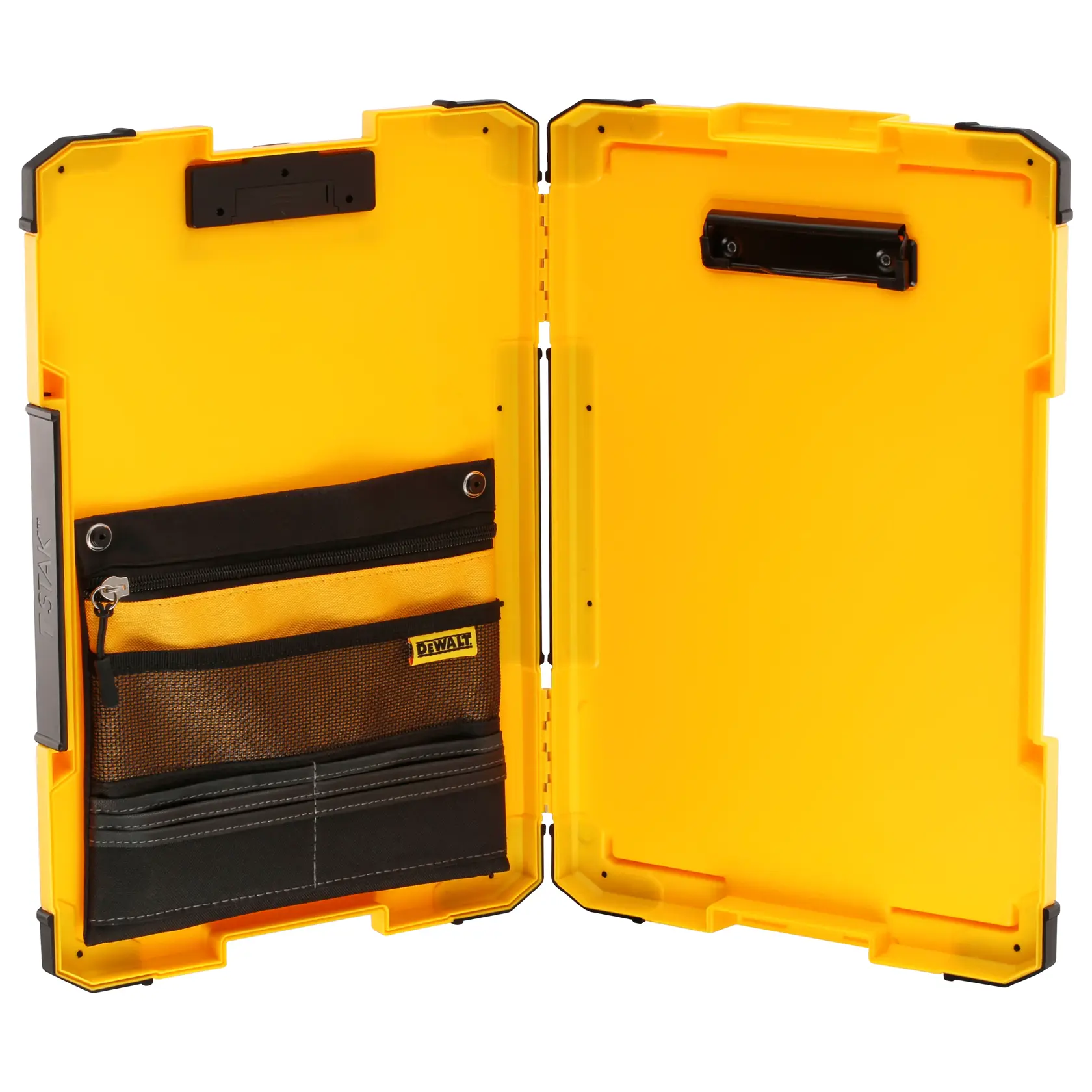 Gelber DEWALT-Koffer offen mit Innenfächern und Taschen zur Aufbewahrung und Organisation.