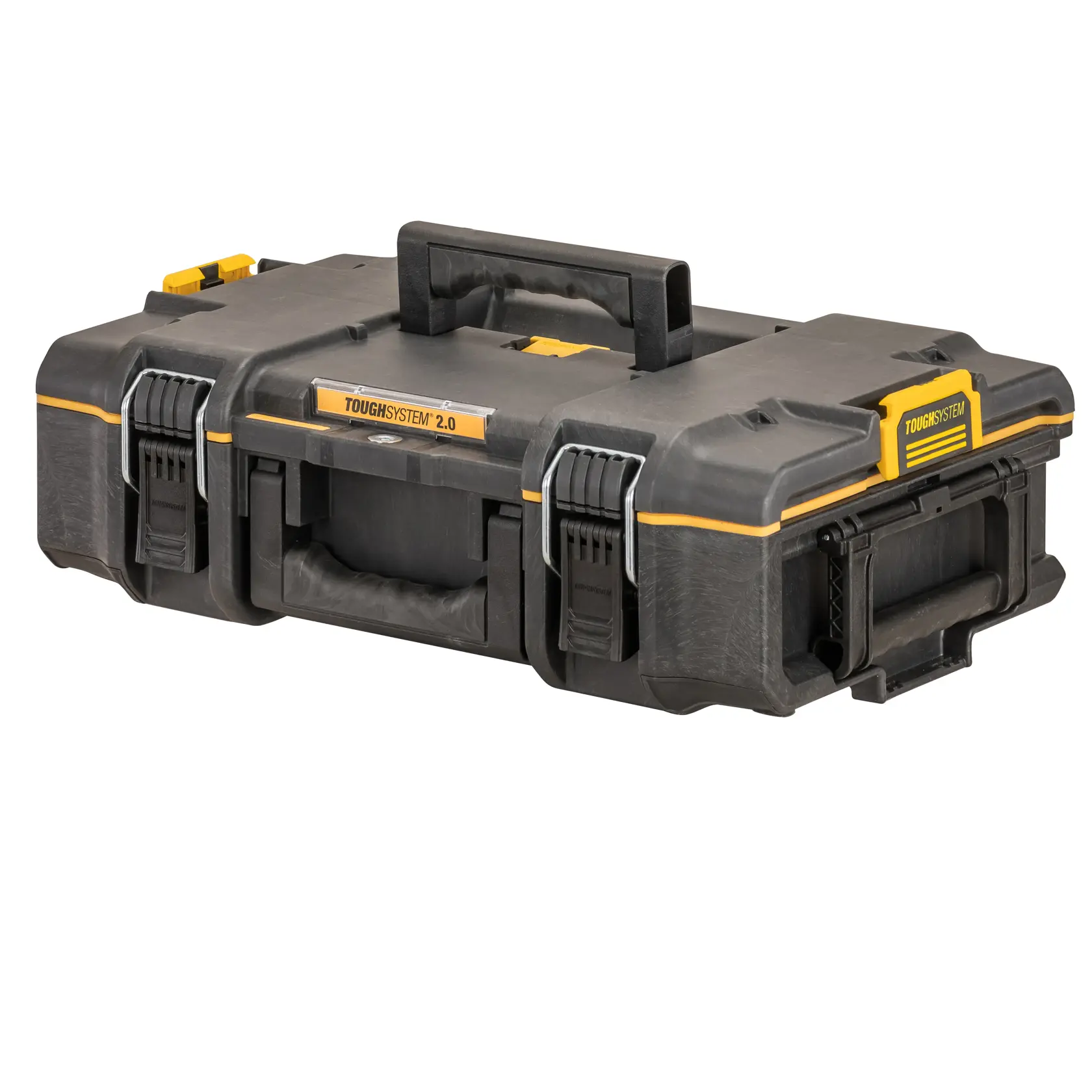 Schwarzer DEWALT ToughSystem 2.0 Werkzeugkasten mit Griff und Verschlüssen zum Verstauen von Werkzeug.